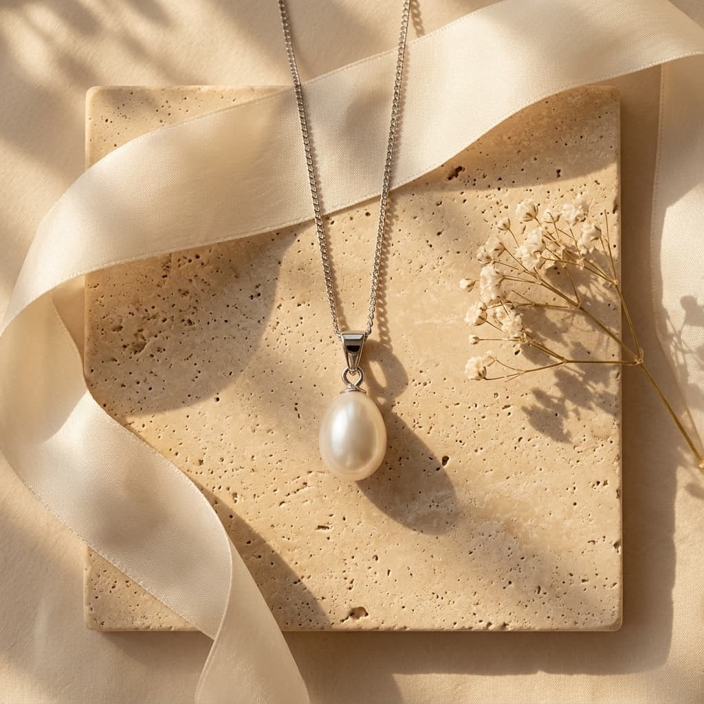 Baroque freshwater pearl pendant on a 925 sterling silver chain resting on a textured stone tile with silk ribbon.