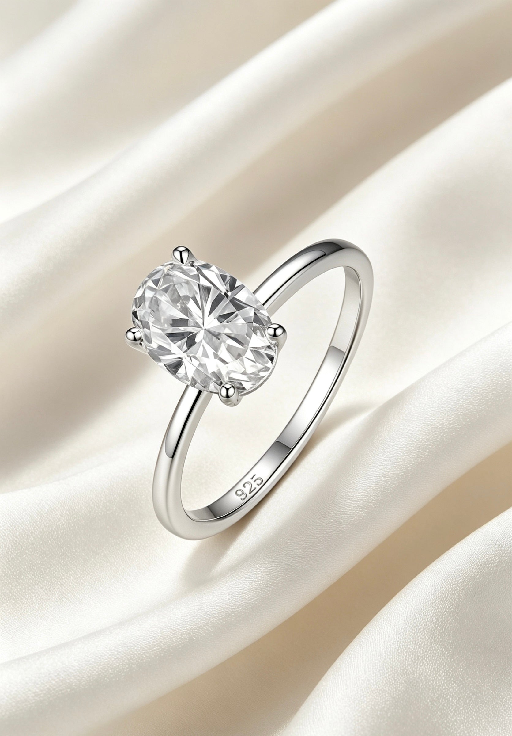 7x10mm oval moissanite solitaire ring in S925 silver with a classic four-prong setting on white satin.