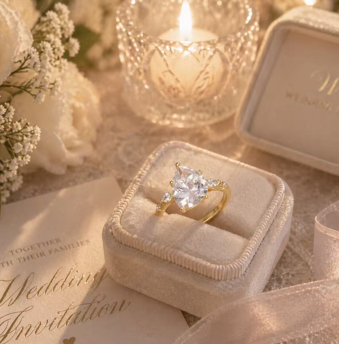 Pear-cut moissanite engagement ring with scattered marquise accents on a gold band in a velvet ring box.