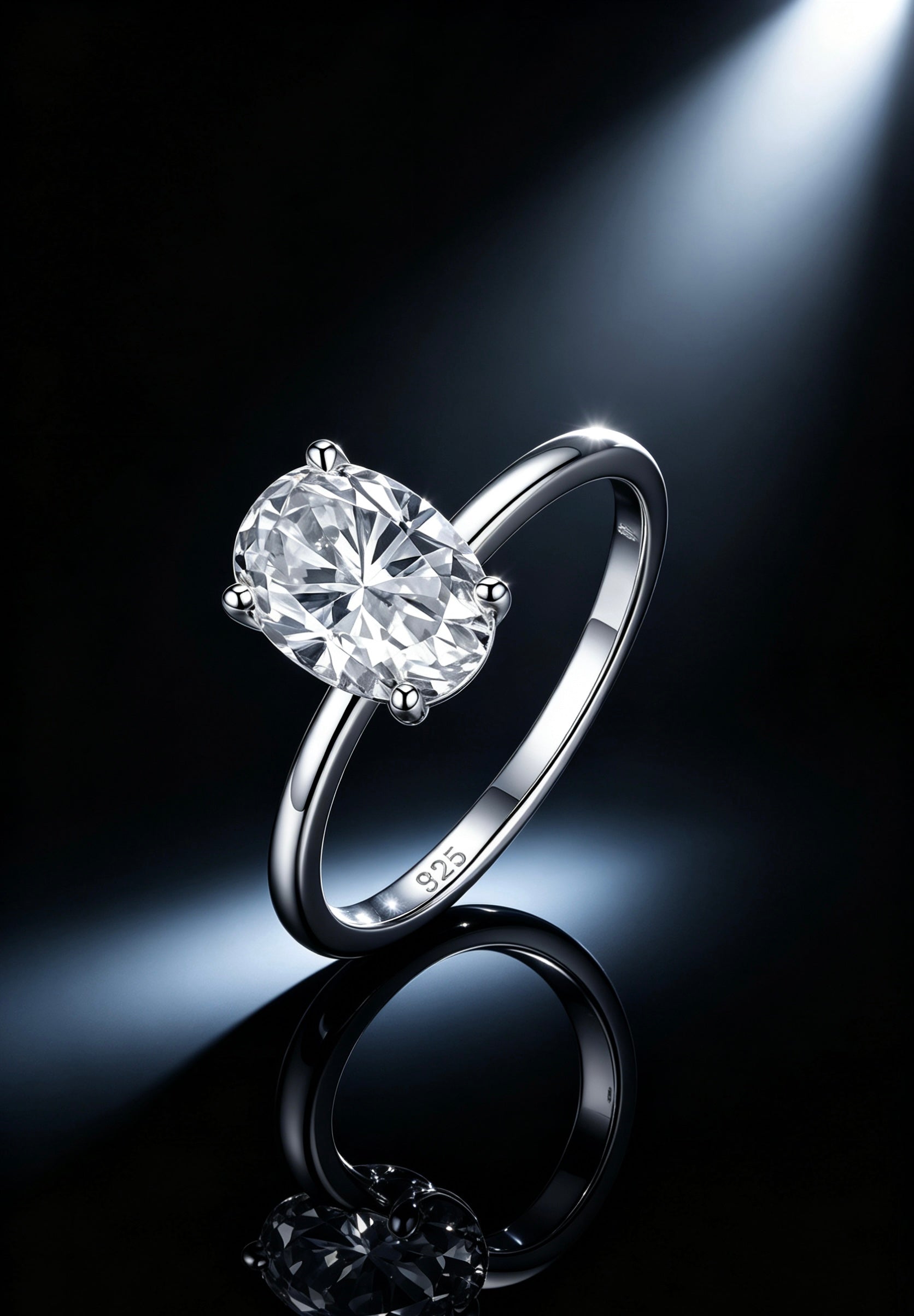 7x10mm oval moissanite solitaire ring in S925 silver with a classic four-prong setting on a dark reflective surface.