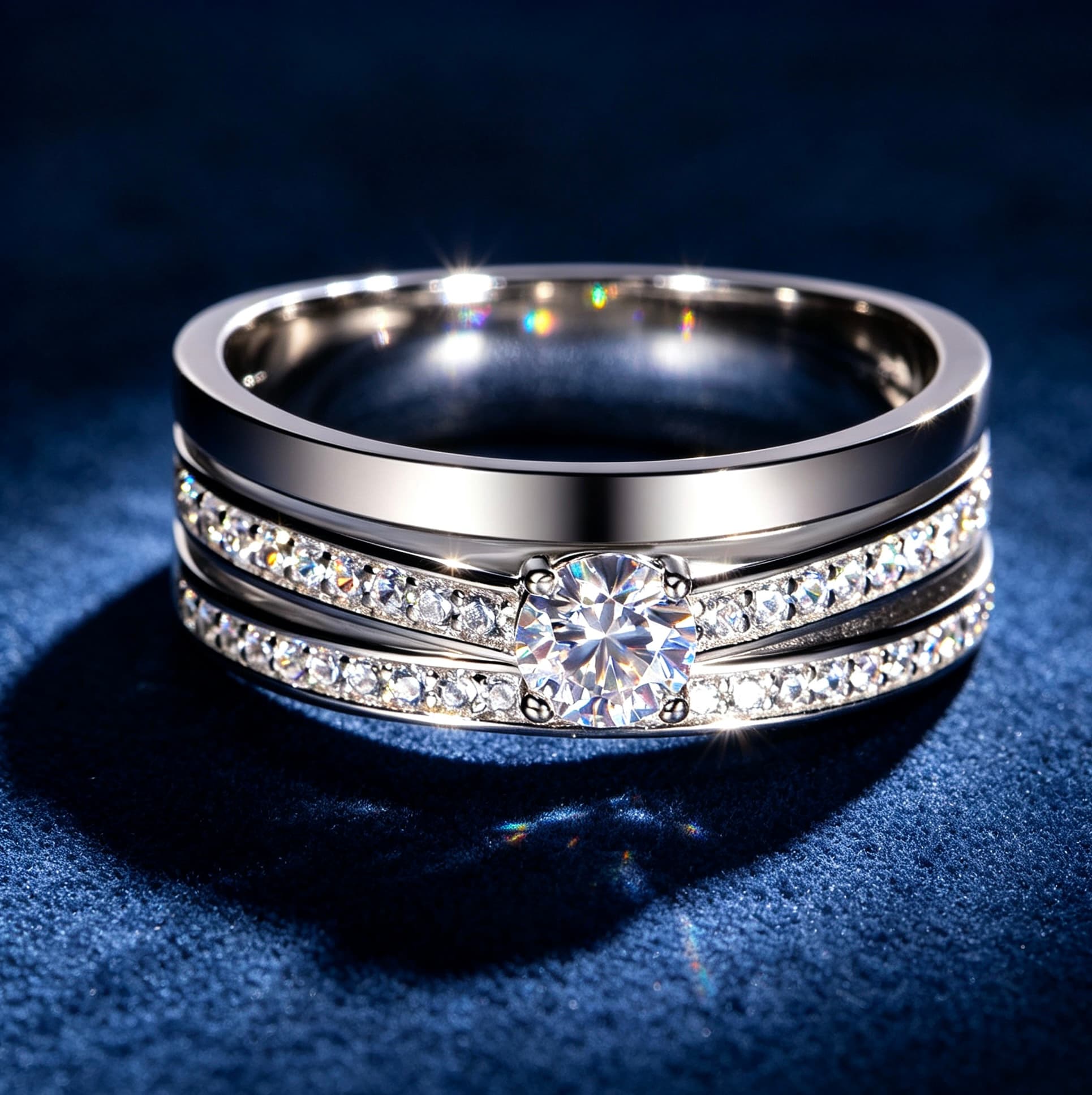 Men's 0.4ct moissanite wedding ring in S925 silver with a wide band and double pavé rails on a blue velvet background.