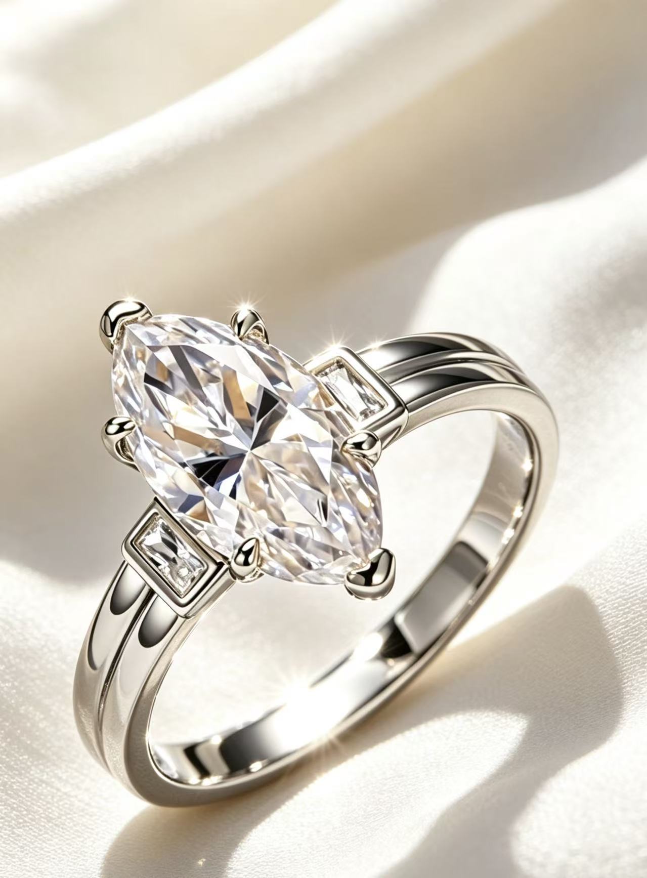 3.0ct marquise-cut moissanite trinity engagement ring in gold-plated sterling silver on white silk.