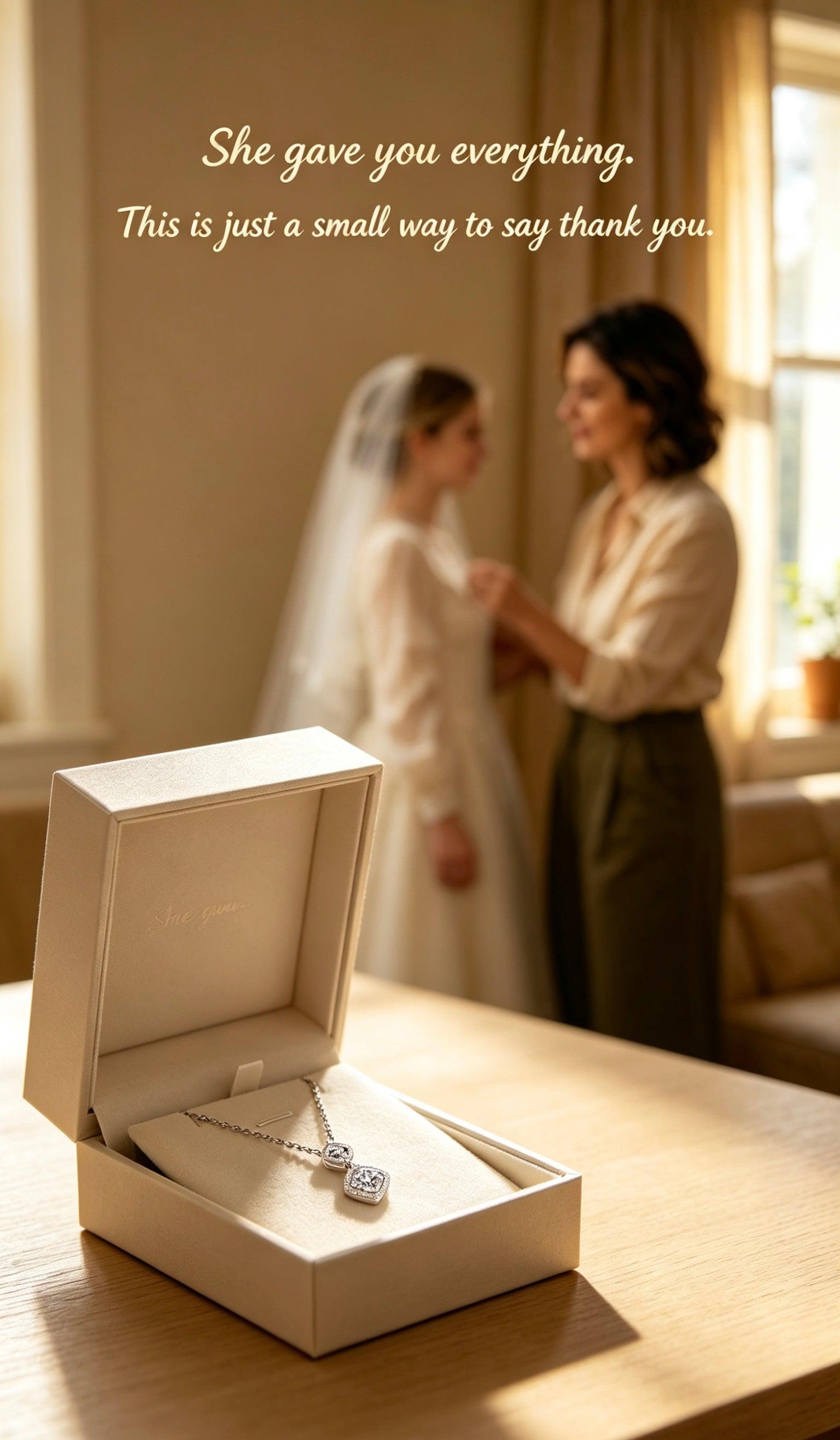 Luvymia Mother’s Halo double moissanite necklace in a luxury gift box with a bride and mother in the background.