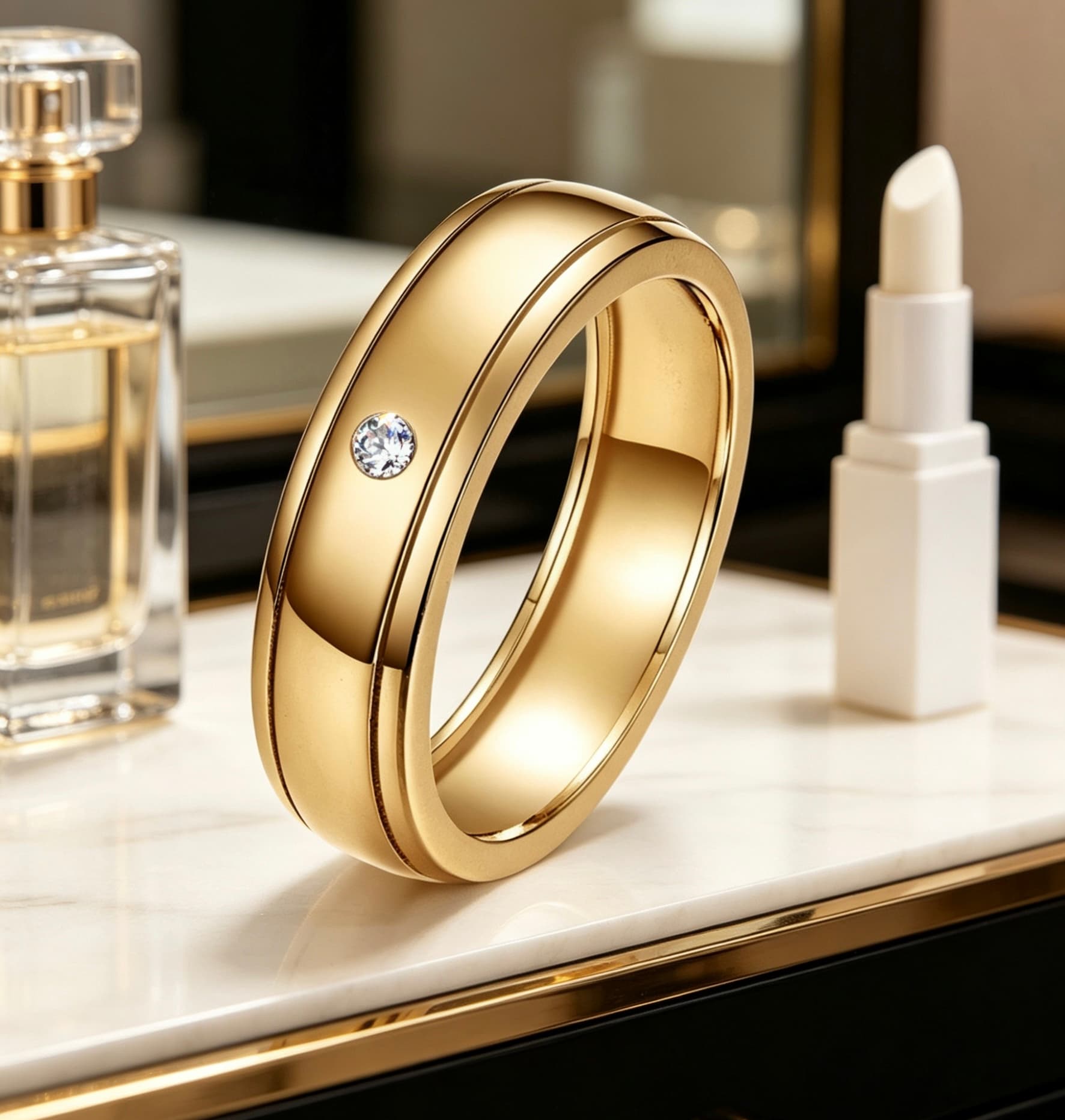 Minimalist gold men's wedding ring with a flush-set single moissanite stone and double rail detailing on a domed band.