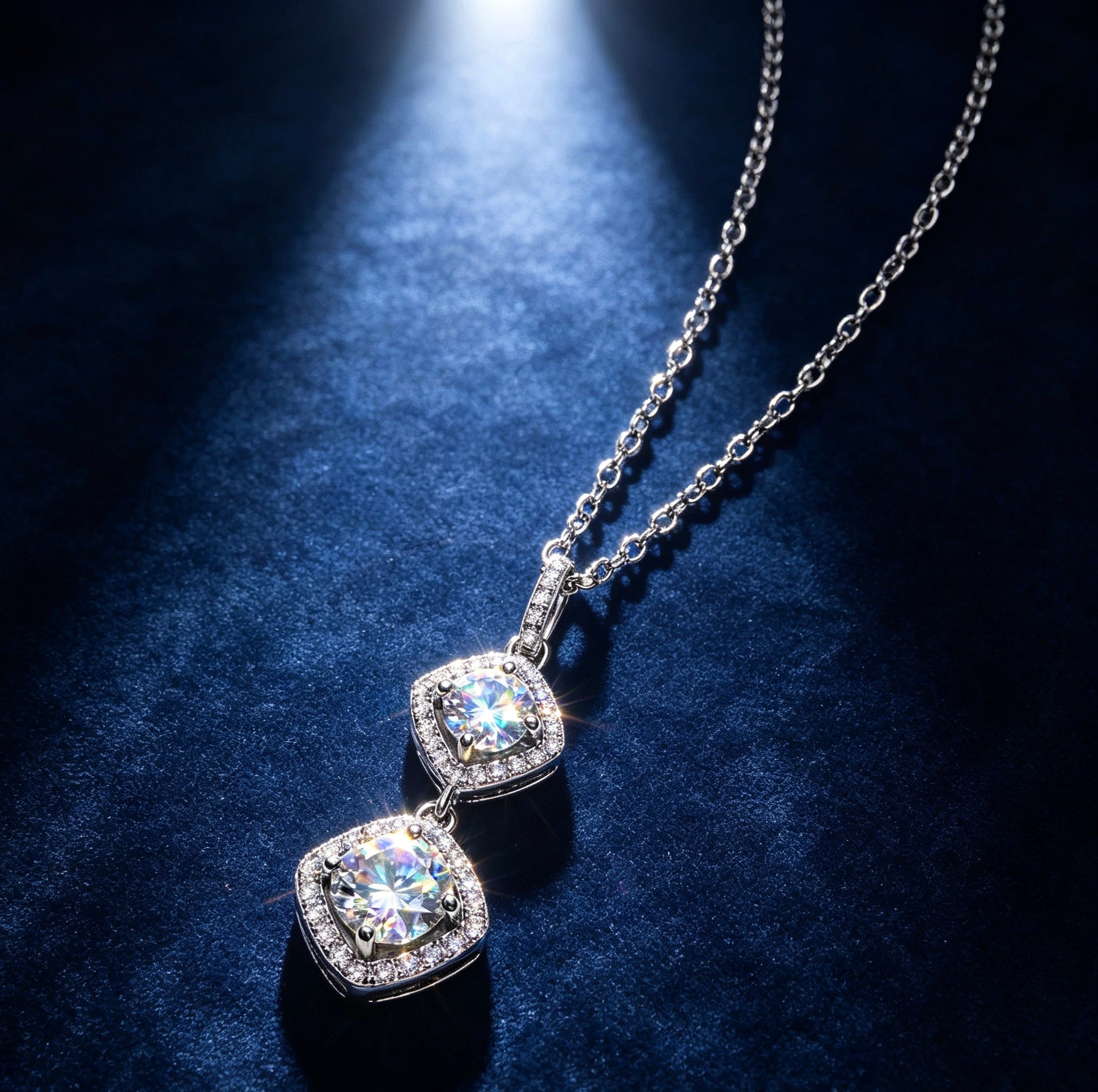 Luvymia double moissanite pendant necklace with two halo-set stones on a silver chain against a dark blue velvet background.