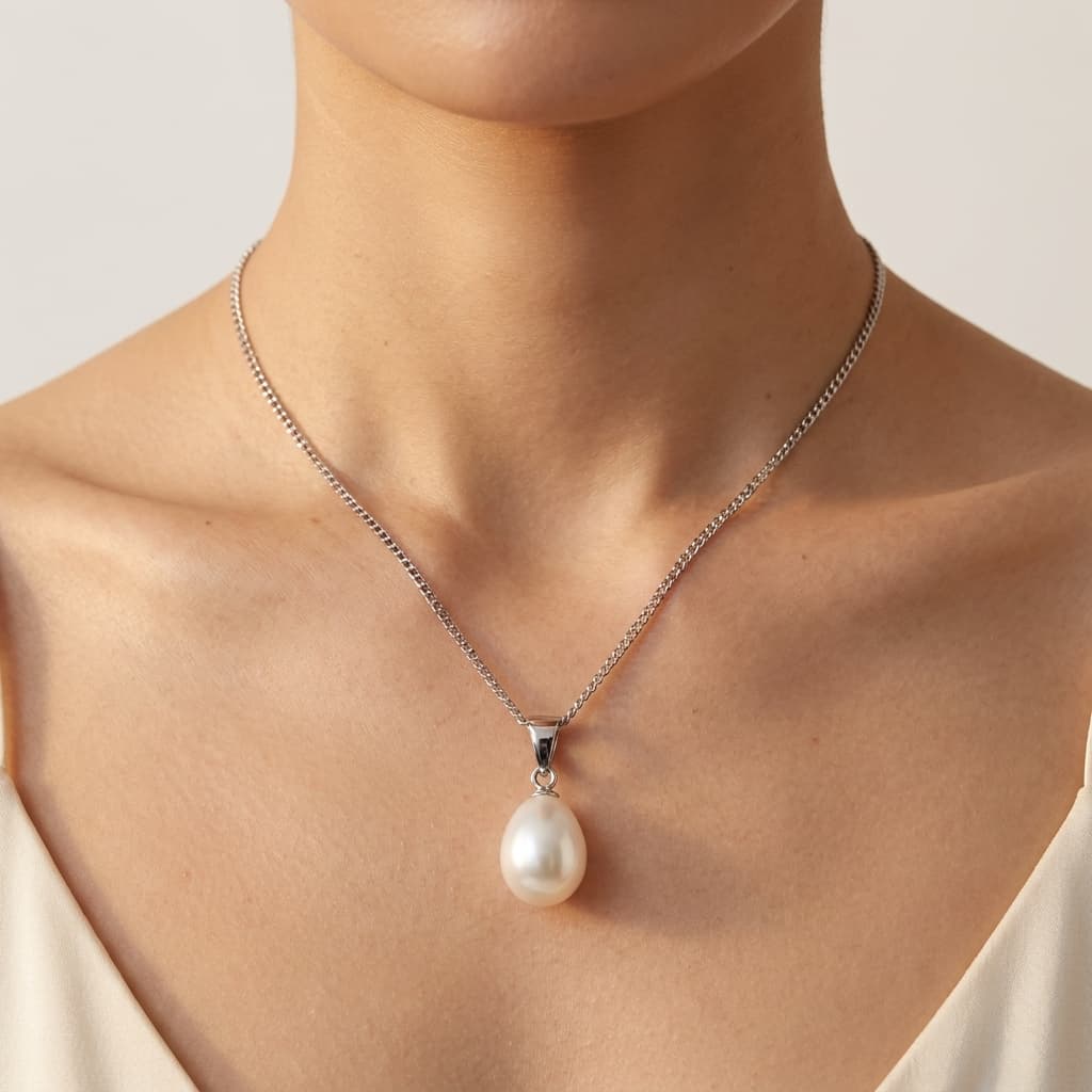 Minimalist baroque freshwater pearl pendant on a delicate 925 sterling silver chain worn around the neck.