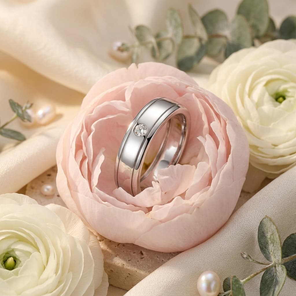 Minimalist men's S925 silver wedding ring featuring a flush-set D-color moissanite stone and double rail design.