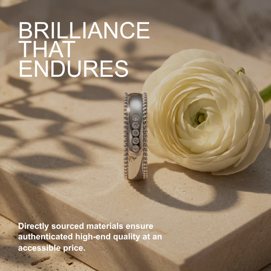 Wide S925 silver men's wedding band with beaded edges and five sparkling D-color moissanite stones on a stone surface.