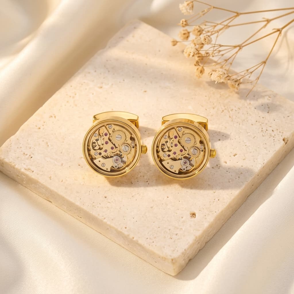 Gold brass skeleton movement cufflinks featuring visible gears and ruby-red jewel bearings on a stone display.
