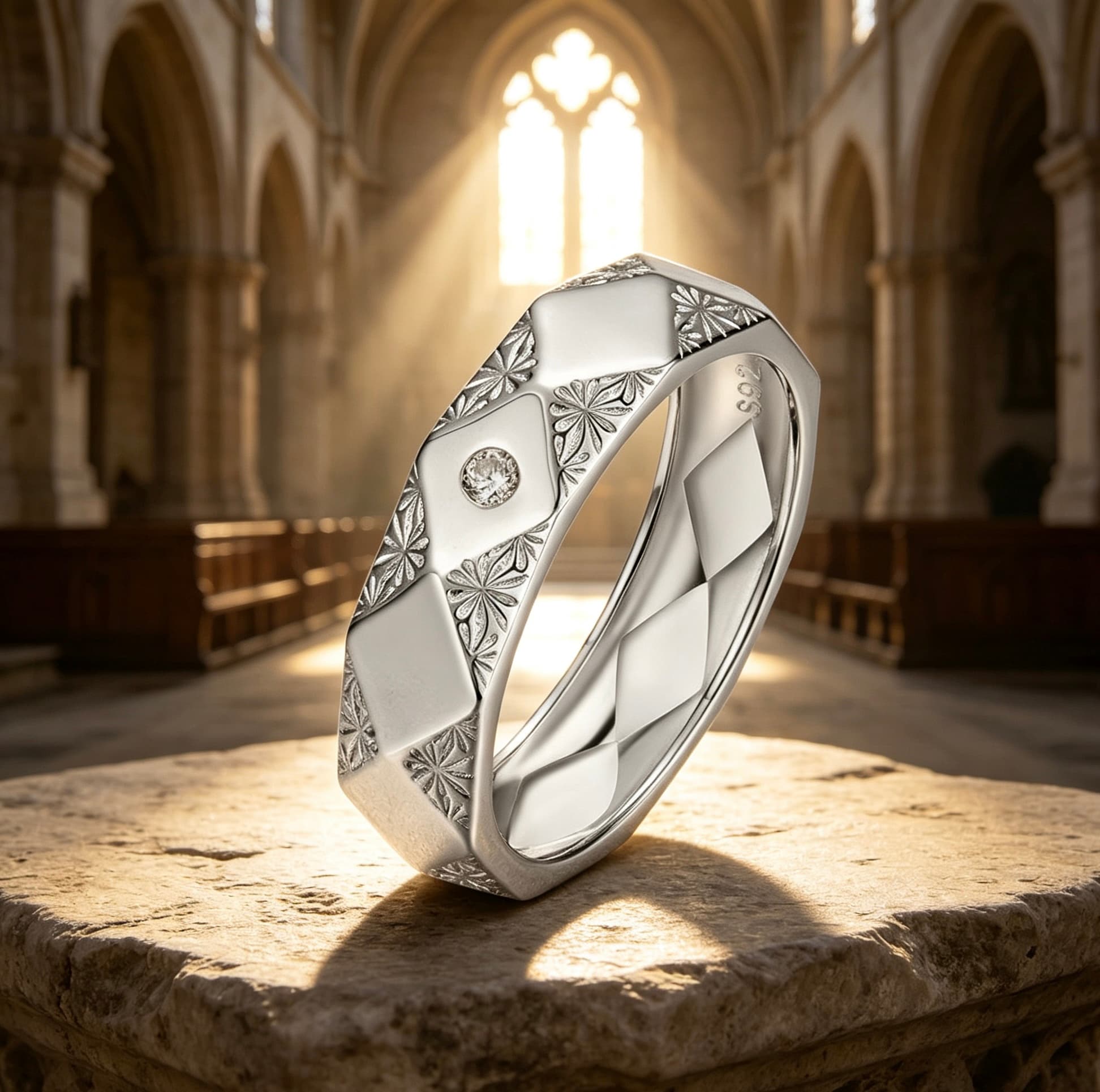 Men's S925 silver ring featuring an engraved diamond lattice pattern, vintage floral details, and a central moissanite stone.