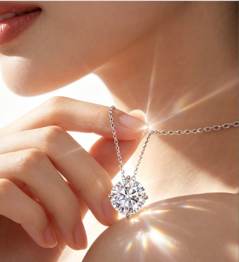Sparkling round-cut moissanite pendant on a delicate S925 silver chain, featuring a classic four-prong crown setting.