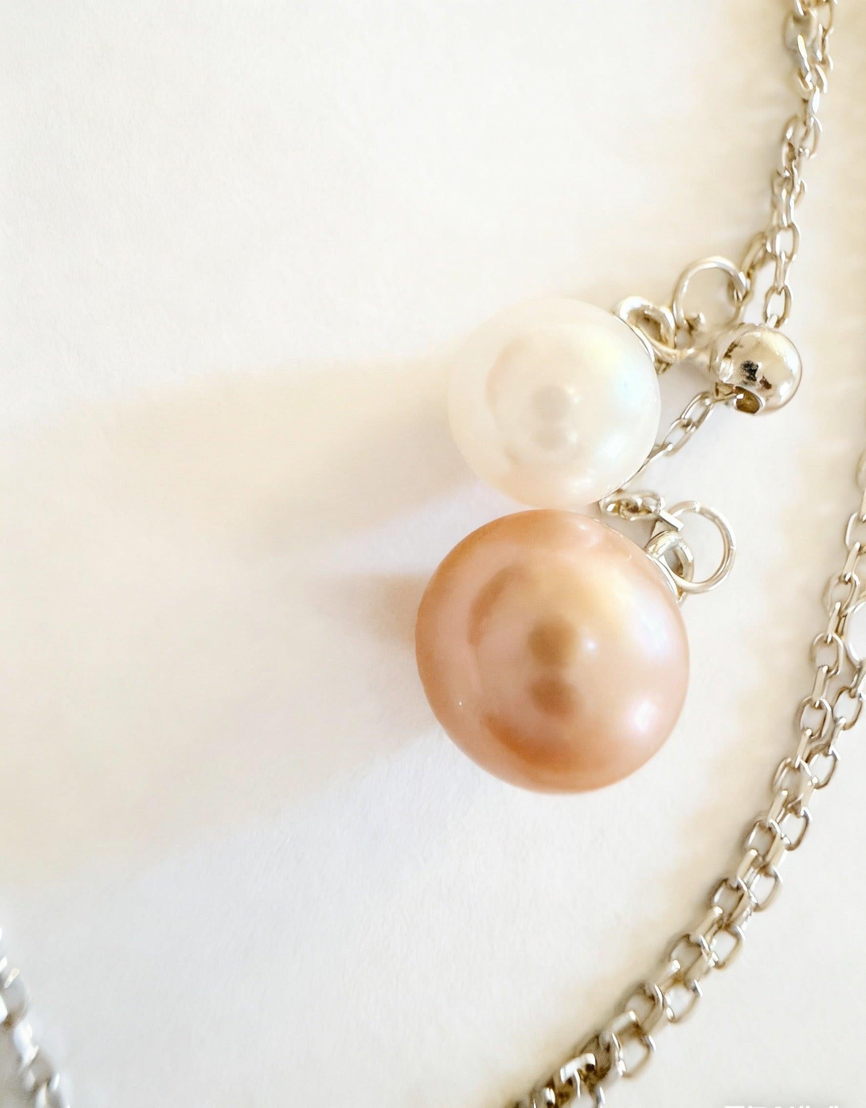 Pink Freshwater Double Pearl Pendant Necklace on S925 Silver Chain