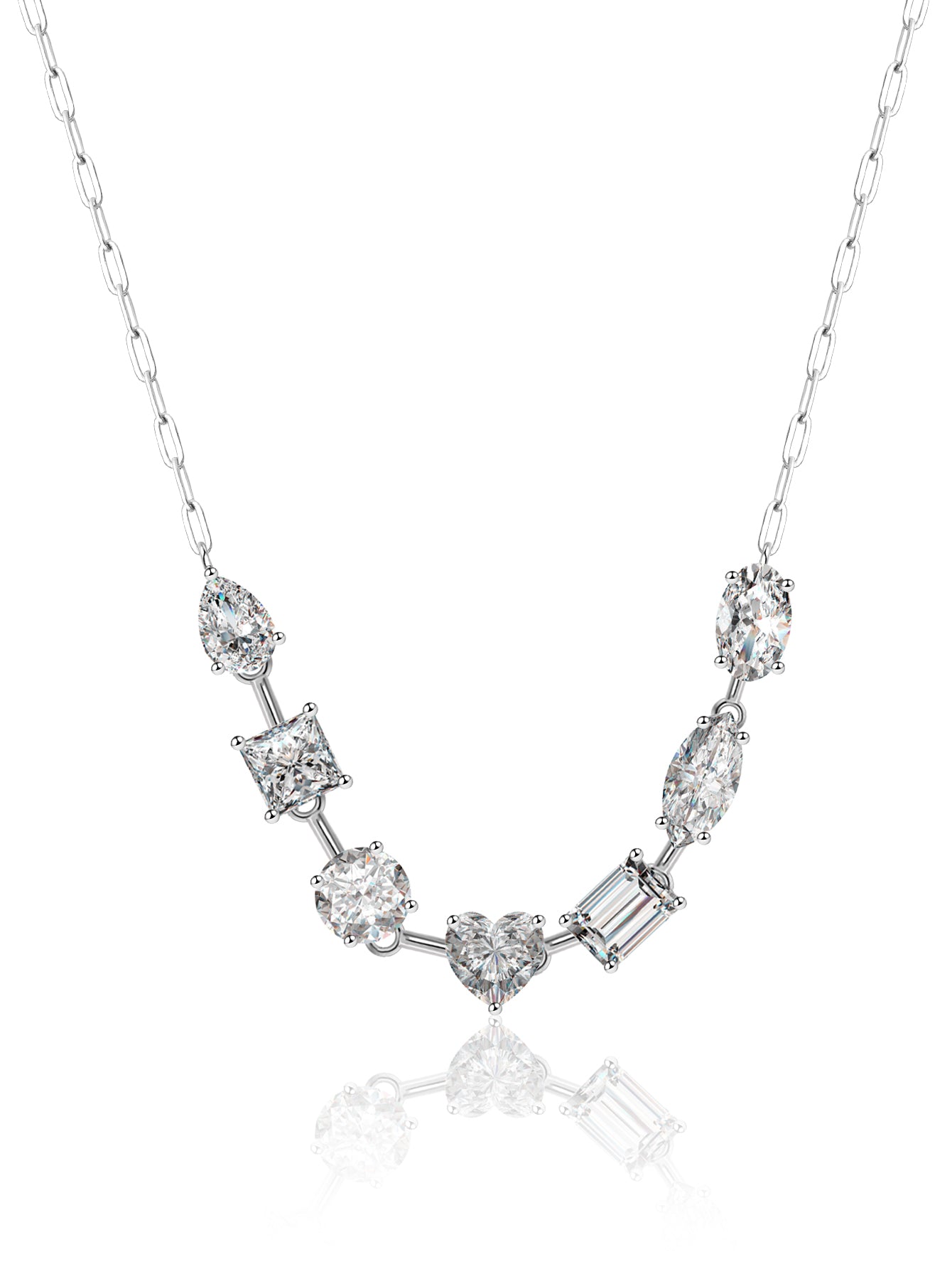 Luvymia sterling silver necklace featuring multi-shape D-color moissanite stones in a delicate chain design.