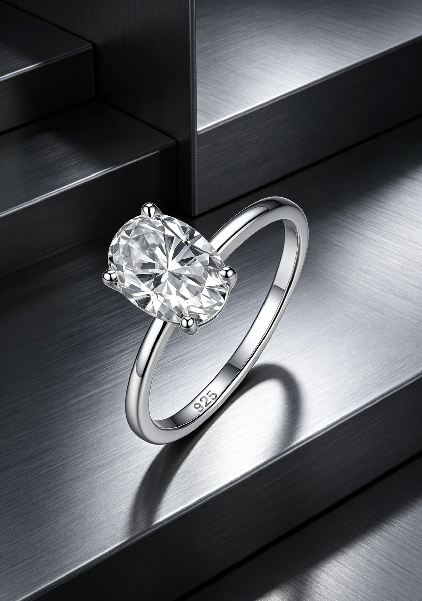 7x10mm oval moissanite solitaire ring in S925 silver with a classic four-prong setting on a brushed metal background.