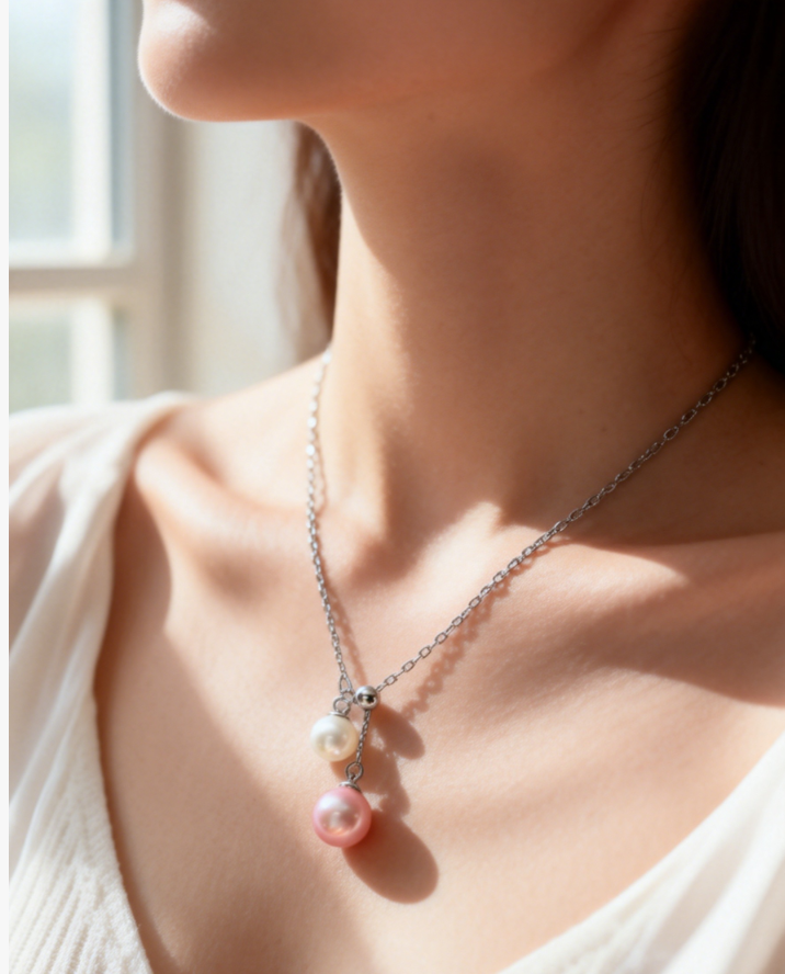 Double freshwater pearl pendant necklace with a 7mm peach pink and 5mm white pearl on a 925 sterling silver chain.