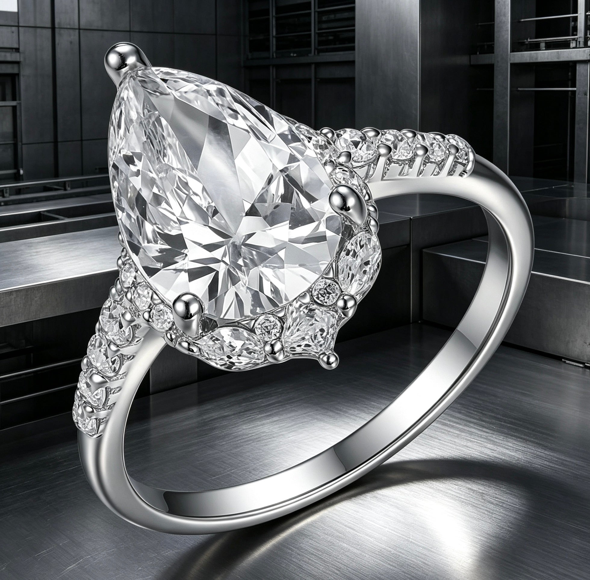 8x12mm pear-cut moissanite halo ring in S925 silver with marquise and pavé accents on a polished metallic background.