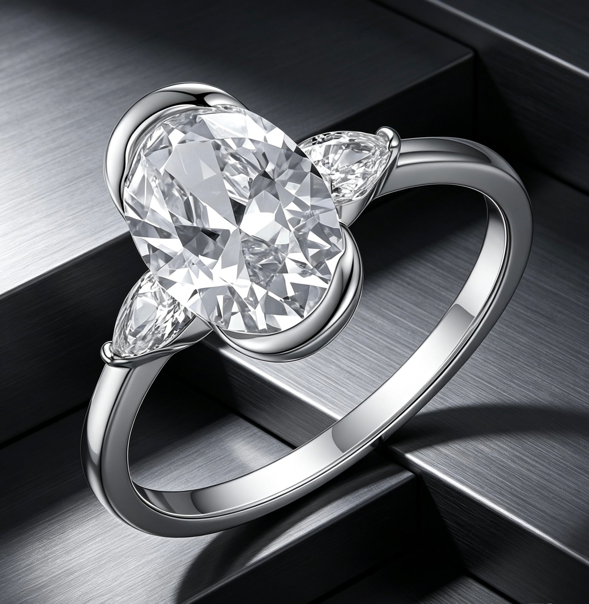 Three-stone moissanite ring with a 7x10mm oval center and pear side stones in a half-bezel sterling silver setting.