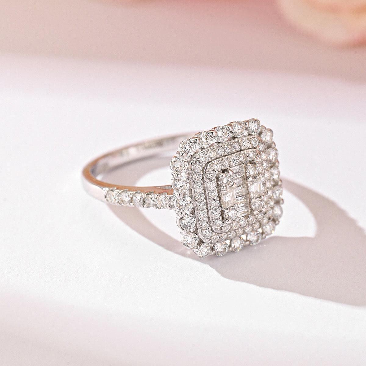 Square double halo moissanite ring in S925 silver with a baguette cluster center and pavé band.