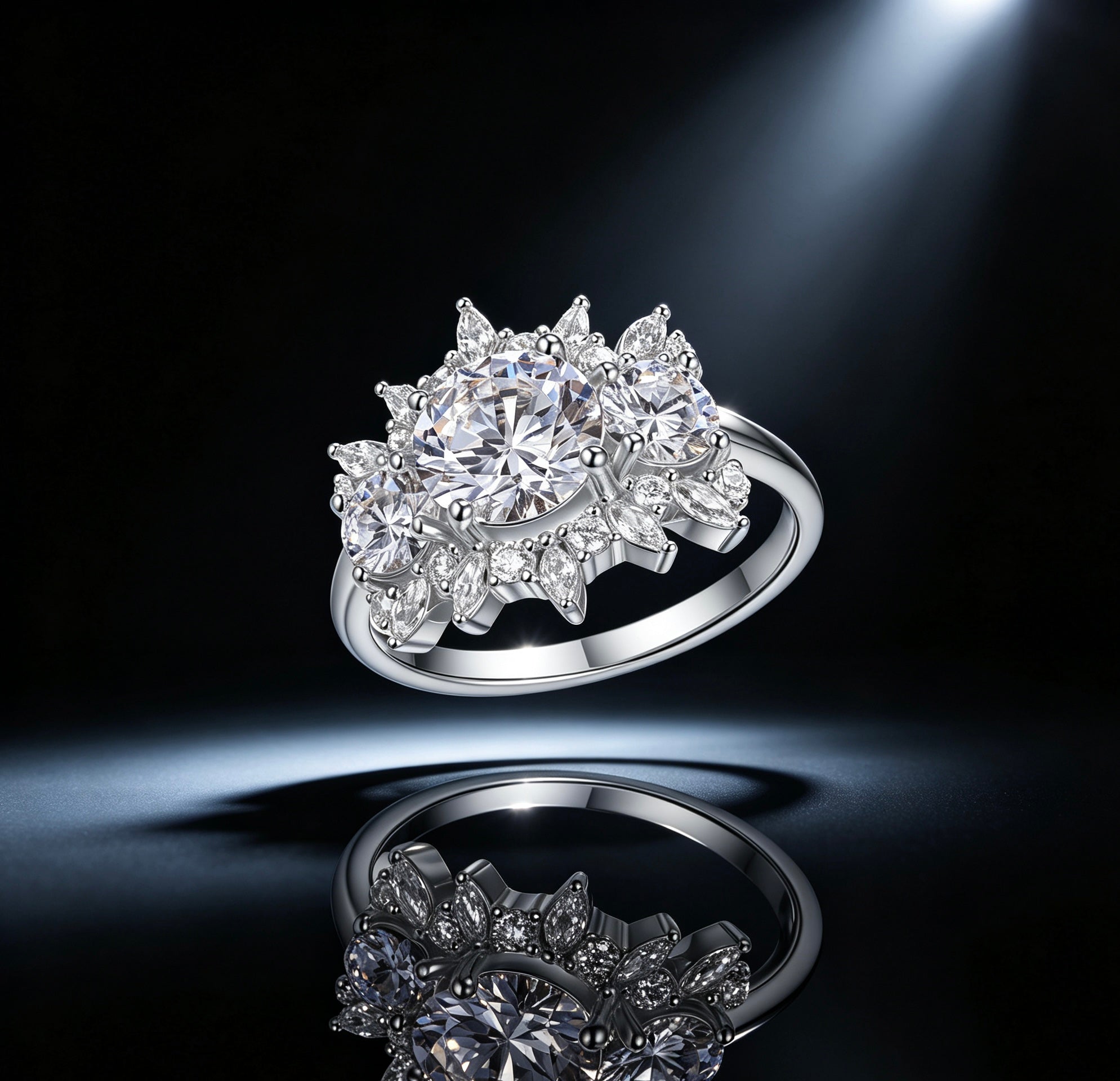 8mm round moissanite floral engagement ring with marquise petals in sterling silver on a reflective black background.