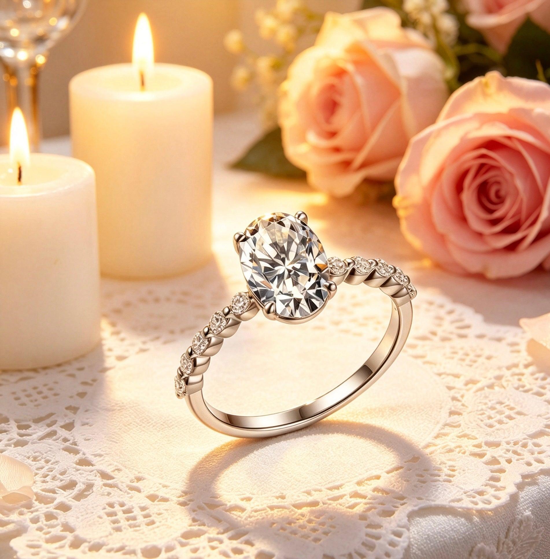 Oval moissanite engagement ring in S925 silver with alternating marquise and round accent stones on a delicate band.