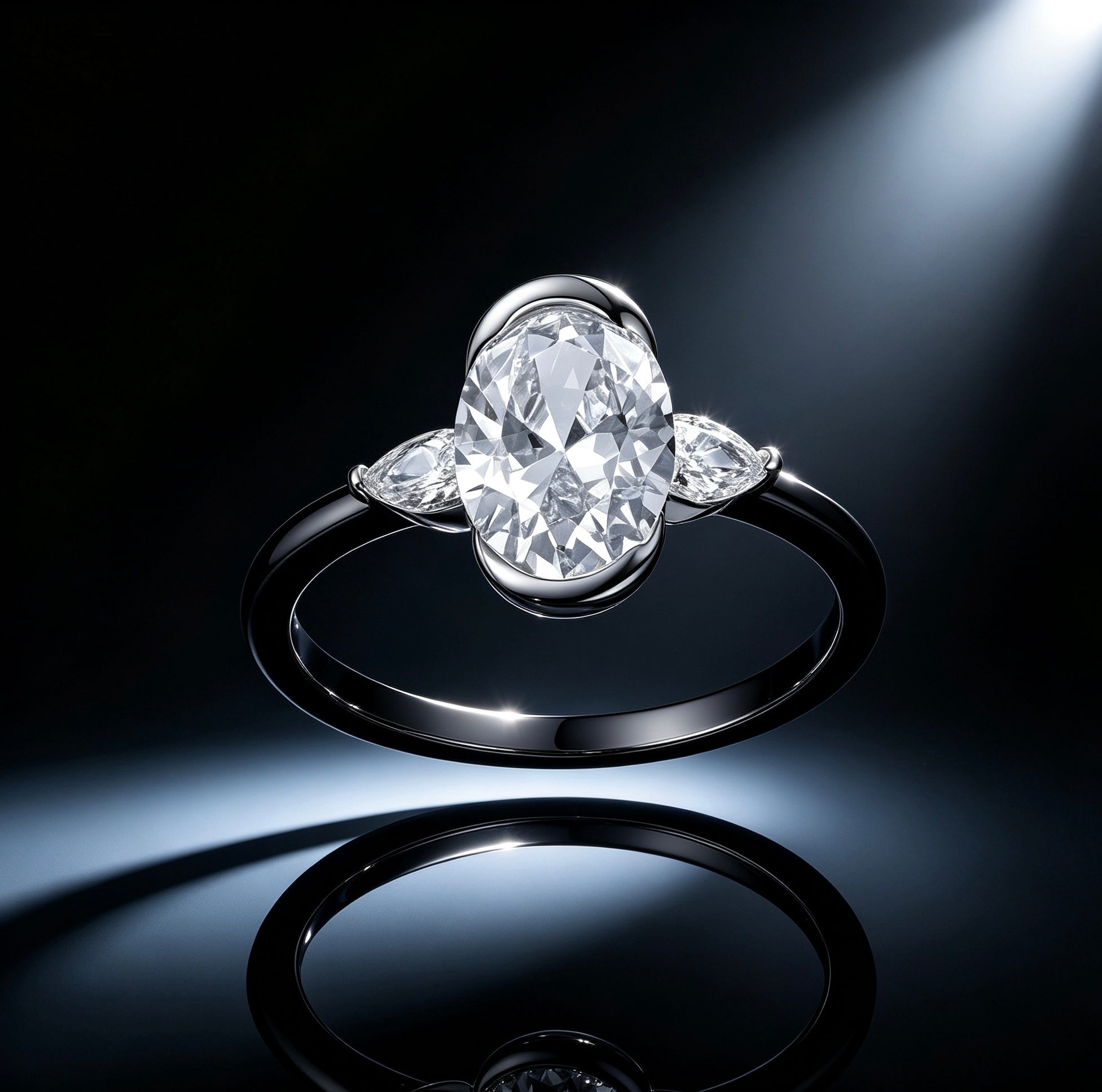 Three-stone oval moissanite ring in S925 silver with a half-bezel setting and two pear-cut side stones on a dark background.