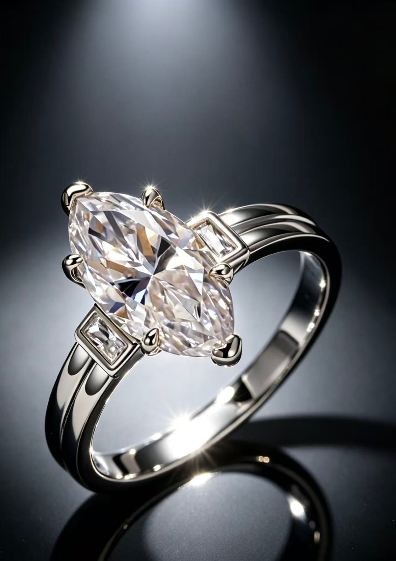 3ct marquise-cut moissanite trinity engagement ring in 18K gold-plated sterling silver with baguette side stones.