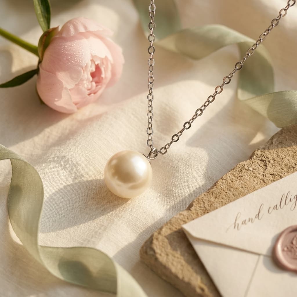 7mm round Hepu saltwater pearl pendant on a delicate 925 silver chain, styled with a pink peony and stationery.