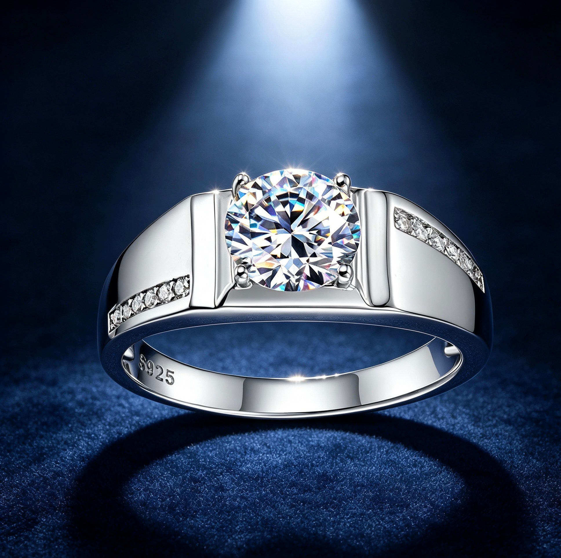 Men's 1ct round moissanite wedding ring in S925 silver with a pavé accent band on a dark blue velvet background.