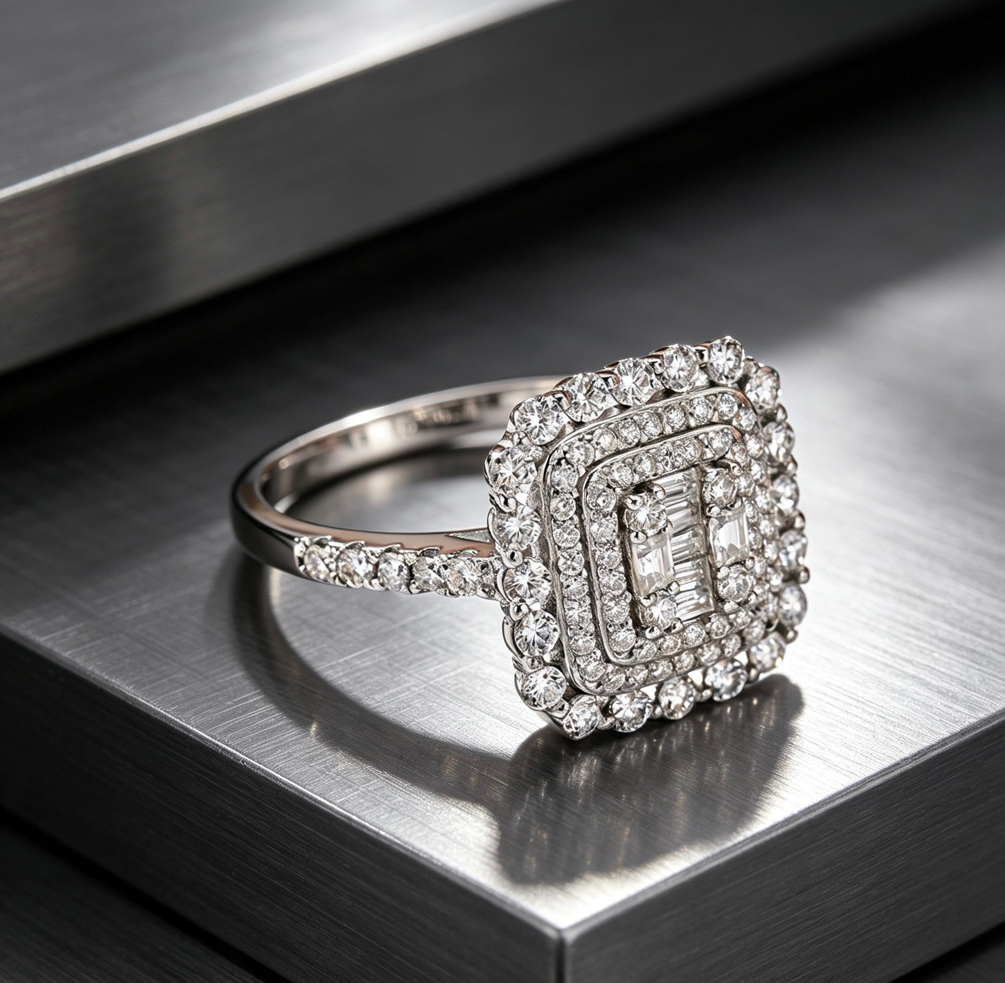 Square double halo moissanite ring in S925 silver with a baguette cluster center and pavé band on a metallic surface.