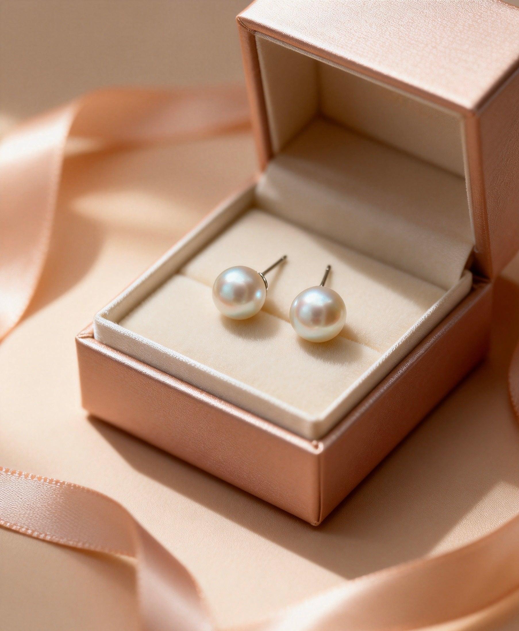 7mm round white saltwater pearl stud earrings with sterling silver posts in a blush pink jewelry gift box.