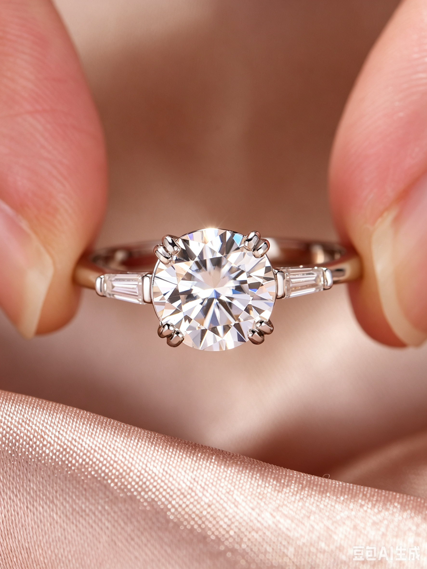 Six-prong round moissanite engagement ring in S925 silver with tapered baguette side stones held by fingers.