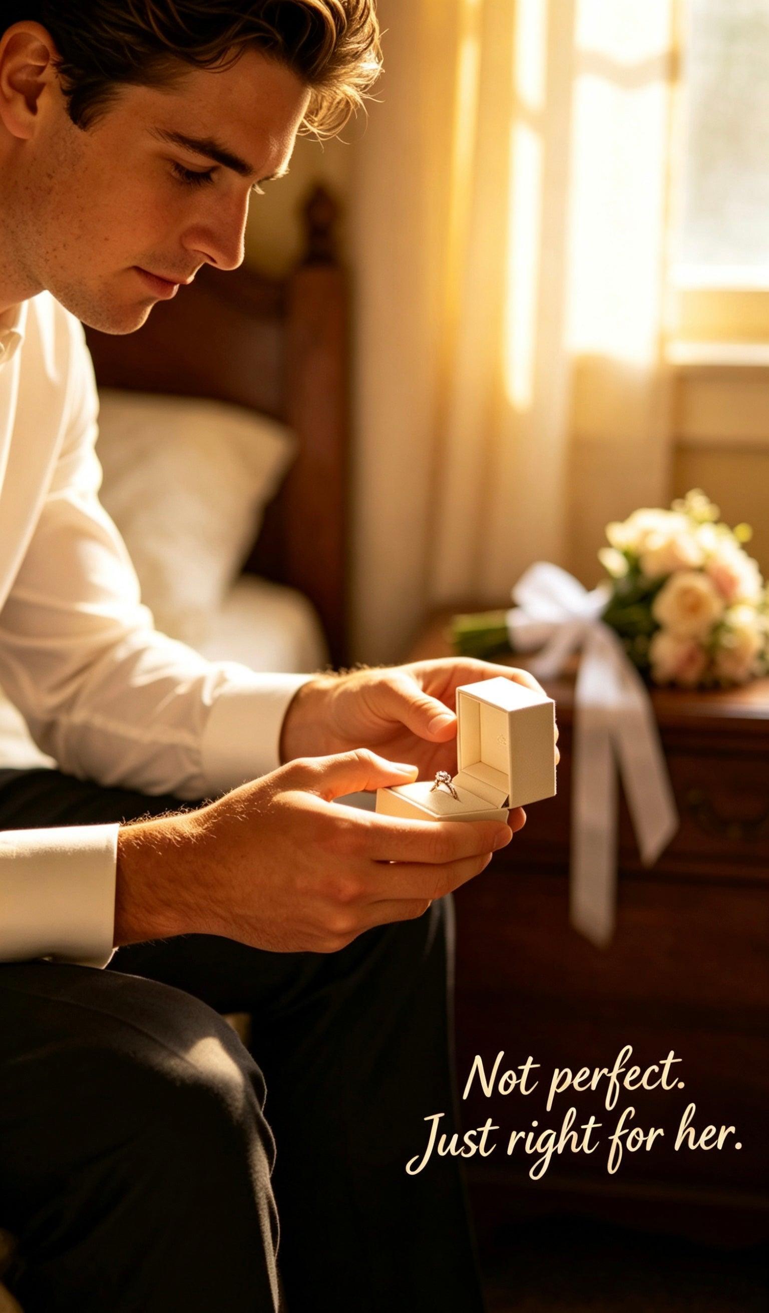 Man in white shirt holding a D-color moissanite engagement ring in a white box, bridal bouquet in background.