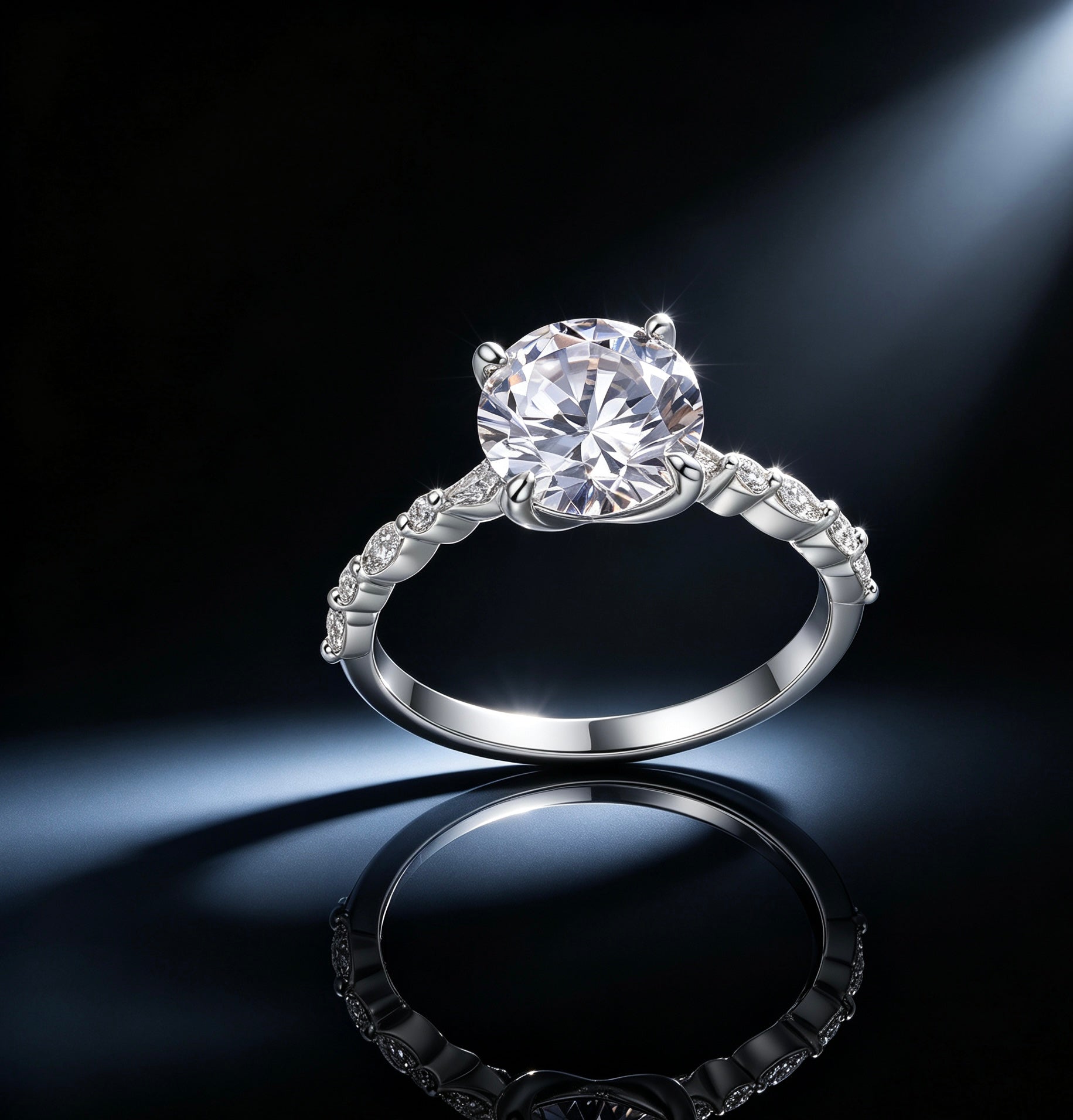 9mm round moissanite ring in S925 silver with marquise-cut accent stones on a delicate band against a dark background.