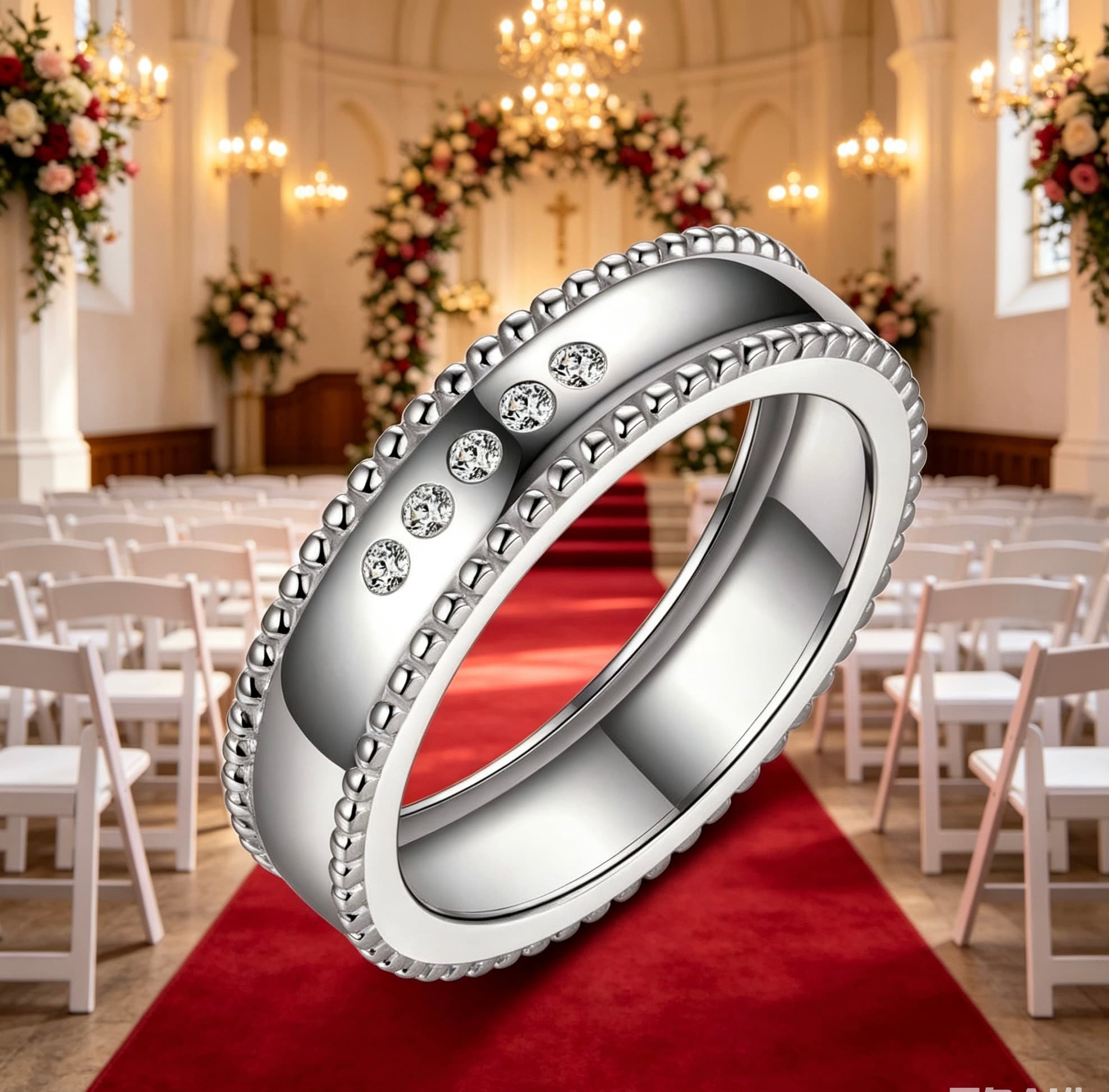 Wide sterling silver men's wedding band with beaded edges and five sparkling moissanite stones in a wedding venue.