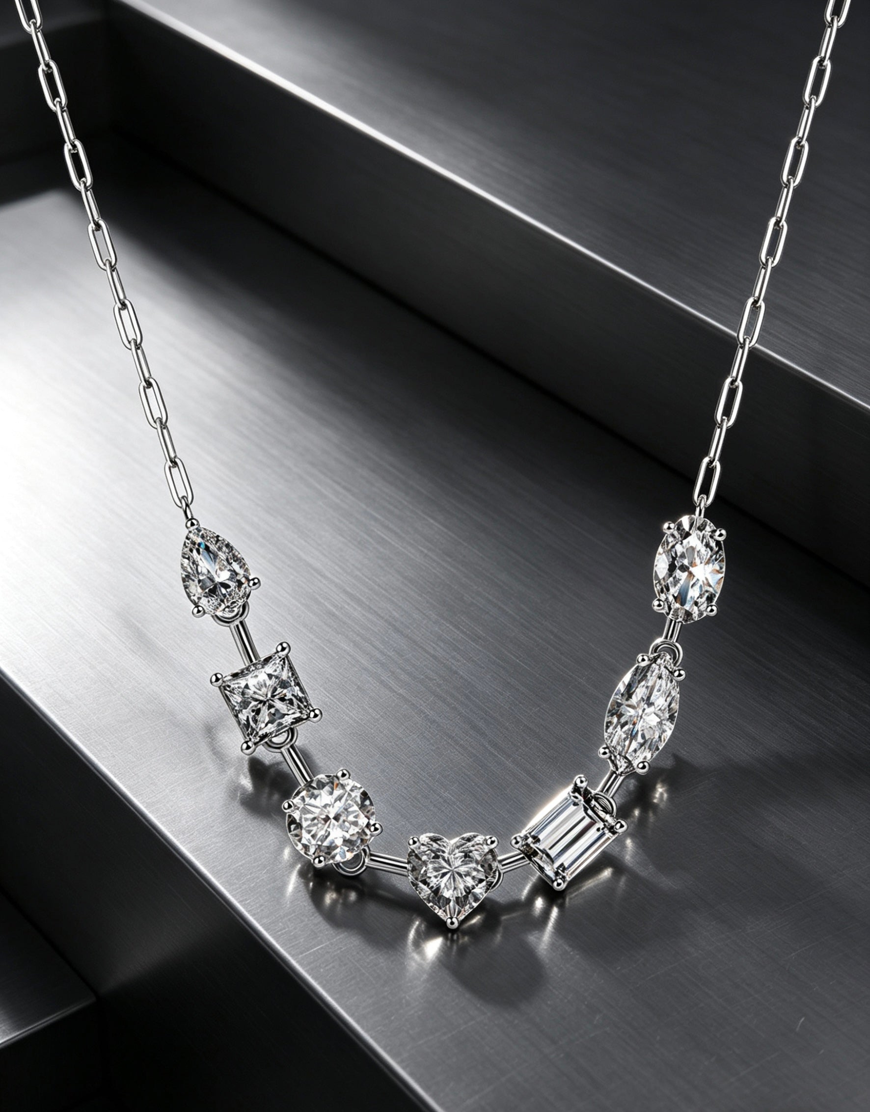 Sterling silver necklace featuring multi-shape D-color moissanite stones in a delicate chain design.