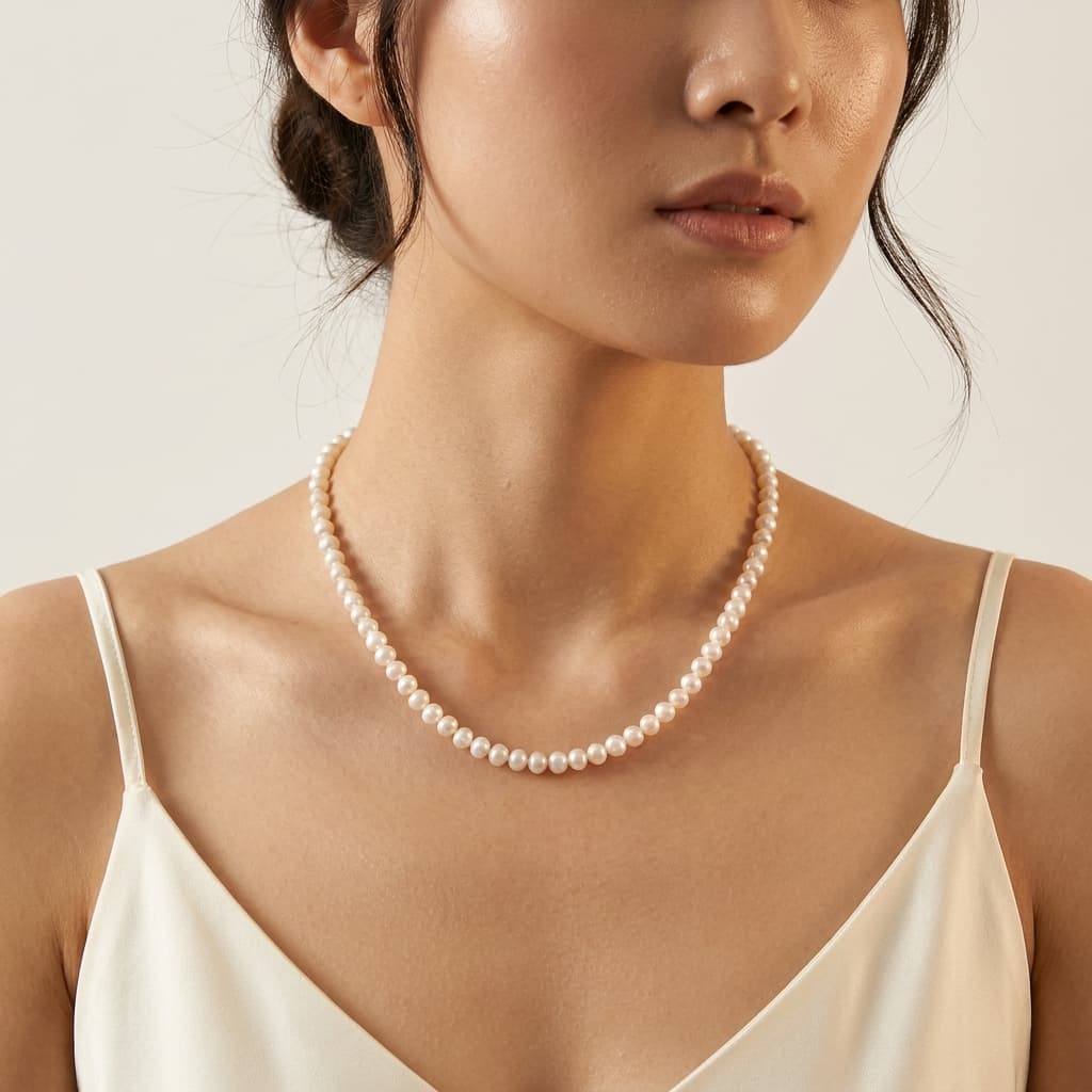 Minimalist 3–4mm round freshwater pearl choker necklace with a 925 sterling silver clasp worn on the collarbone.