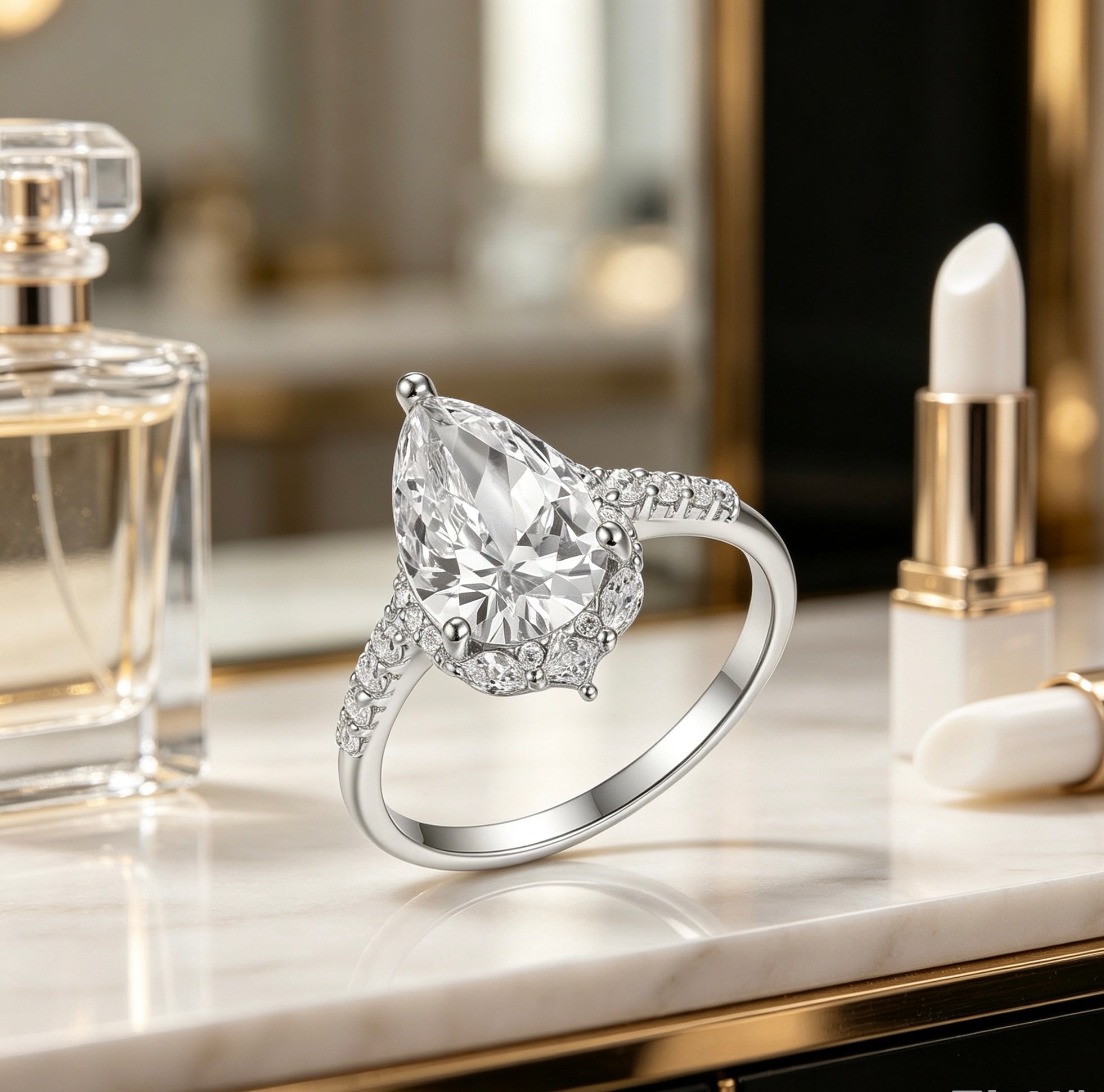 8x12mm pear-cut moissanite halo ring in S925 silver with marquise and pavé accents on a marble vanity.