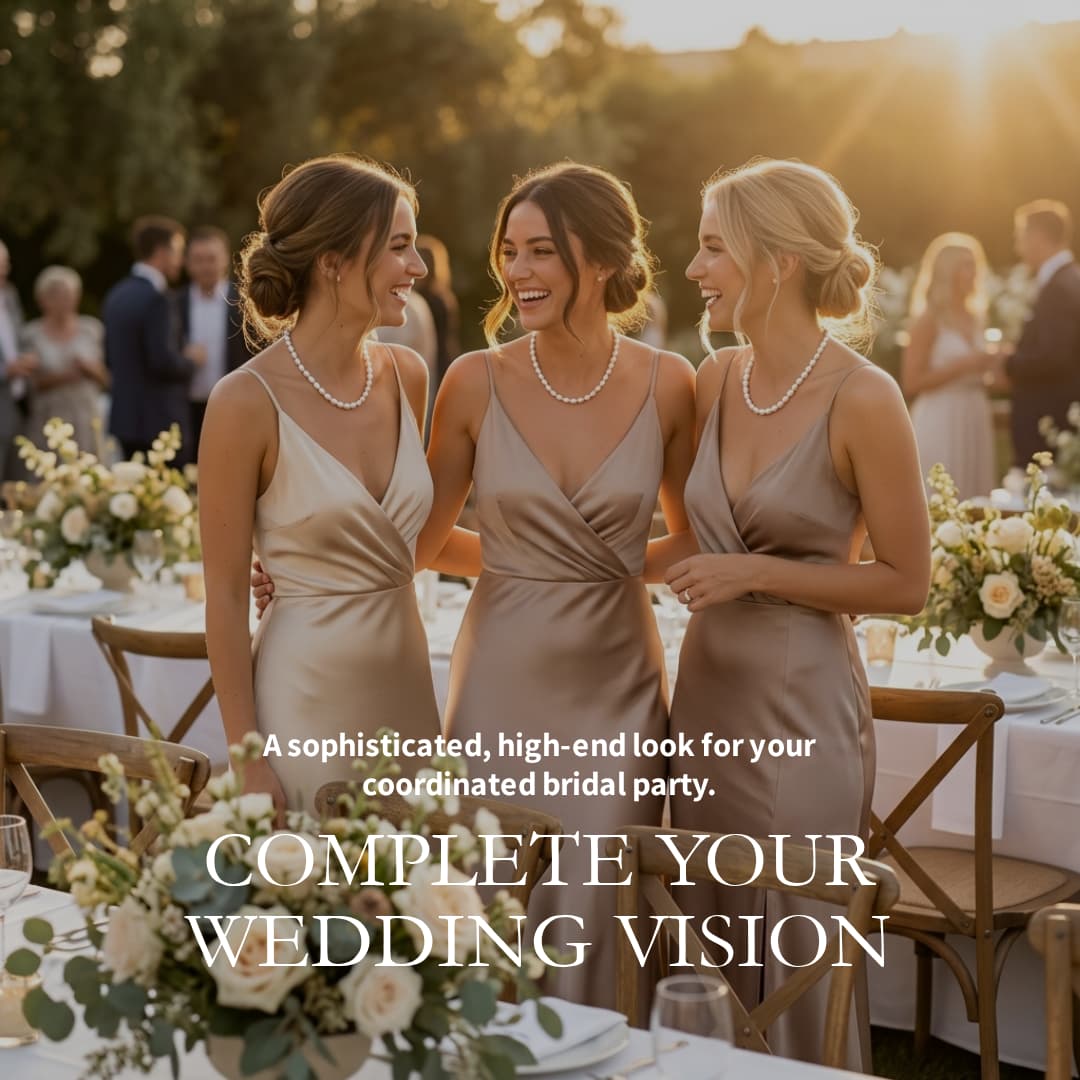 Three women wearing minimalist 3–4mm freshwater pearl necklaces with 925 sterling silver clasps at an outdoor wedding.