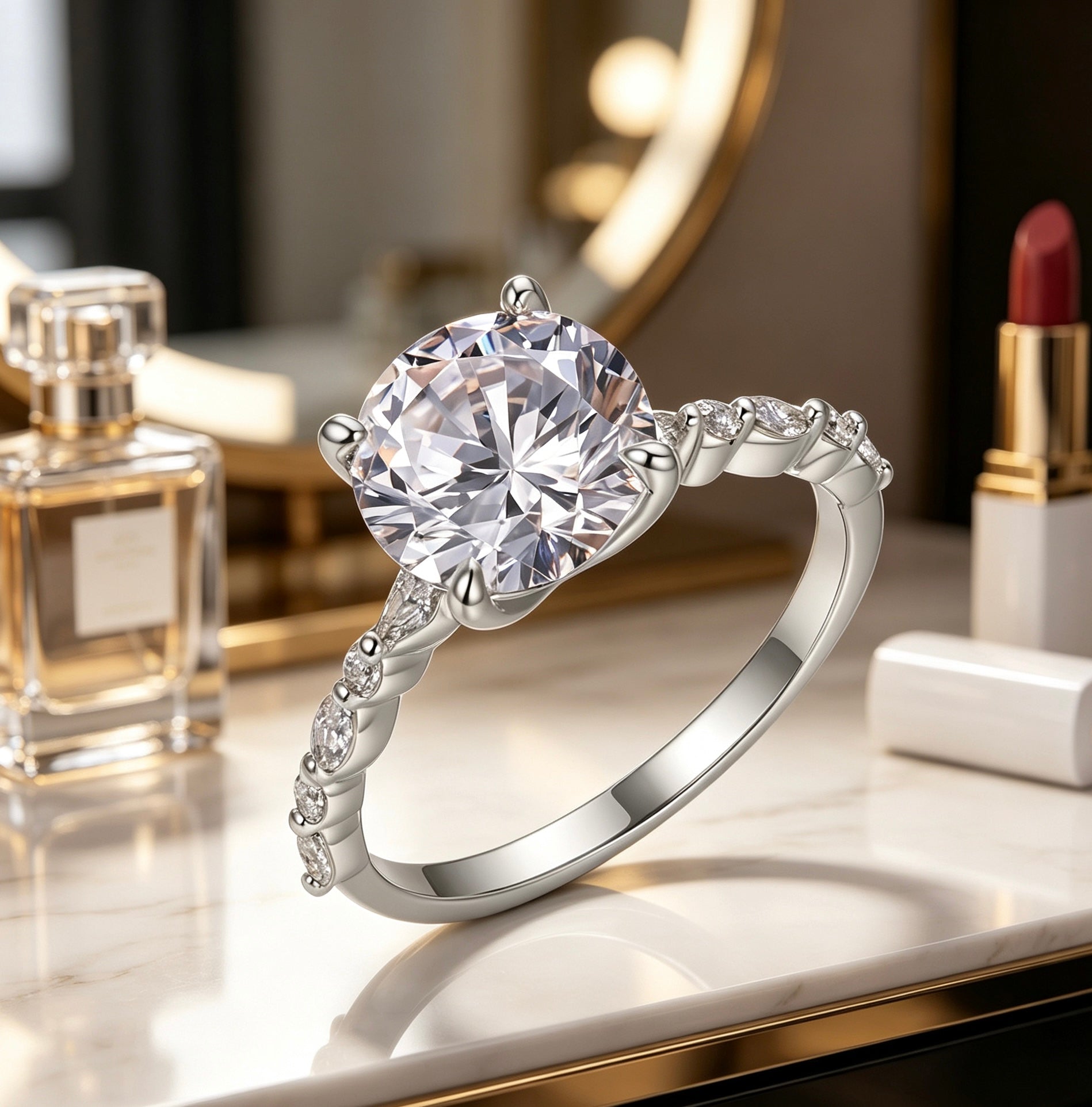 9mm round moissanite ring in S925 silver with marquise-cut side stones on a vanity table.