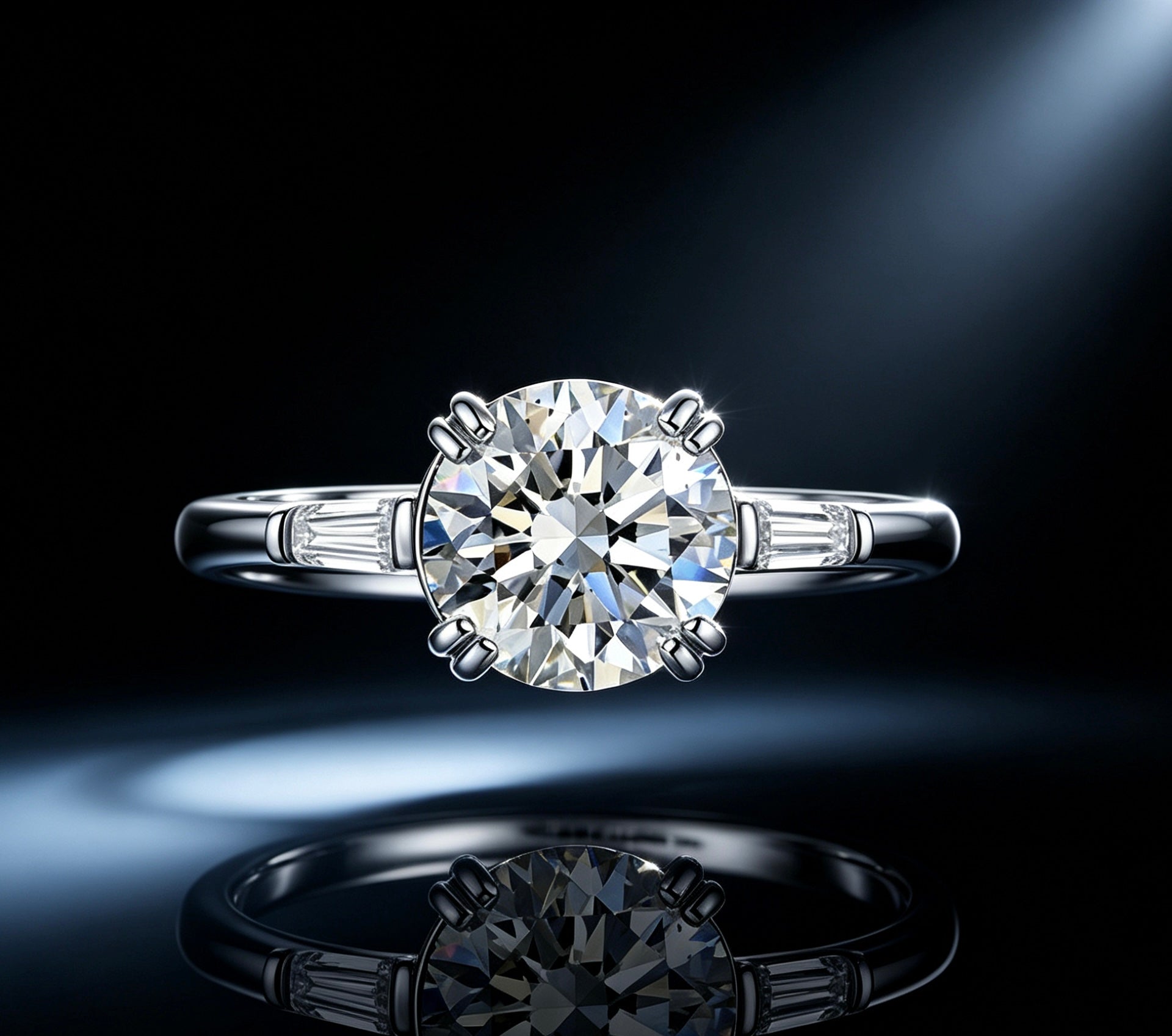 Six-prong round moissanite engagement ring in S925 silver with tapered baguette side stones on a dark reflective surface.