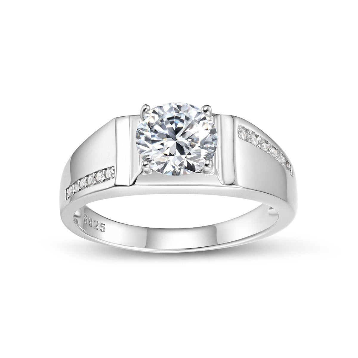 Men's 1ct round moissanite wedding ring in S925 silver with a wide architectural band and pavé accent stones.