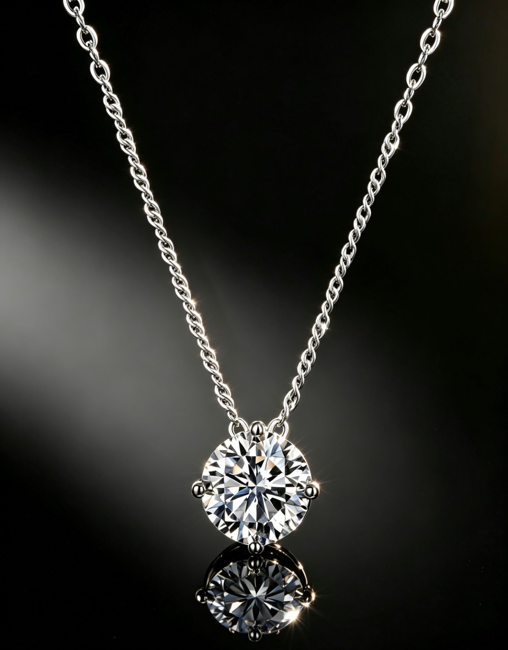 Round brilliant-cut moissanite pendant in a four-prong sterling silver setting on a delicate twisted chain.