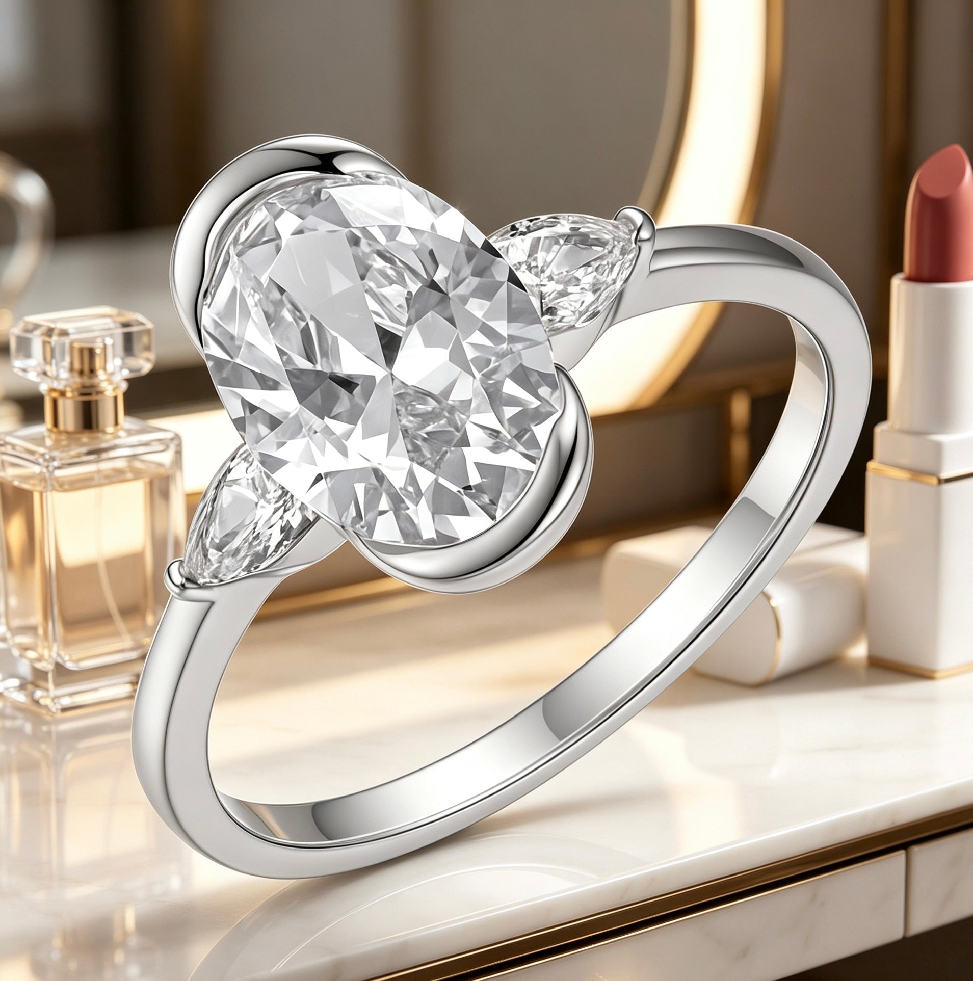 Three-stone moissanite ring with a 7x10mm oval center and pear side stones in a polished sterling silver half-bezel setting.
