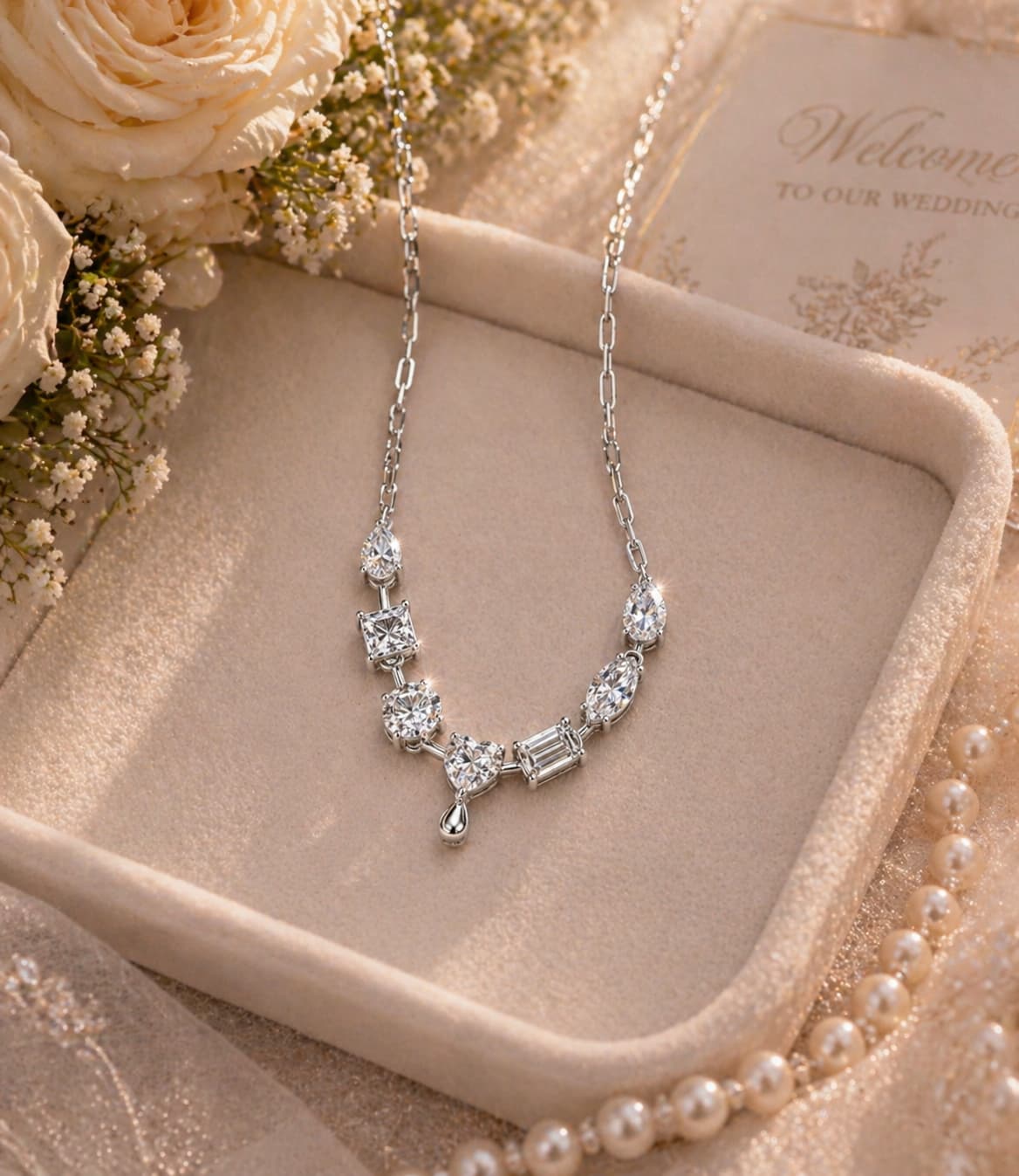 Luvymia sterling silver necklace featuring multi-shape D-color moissanite stones in a delicate bridal link chain design.