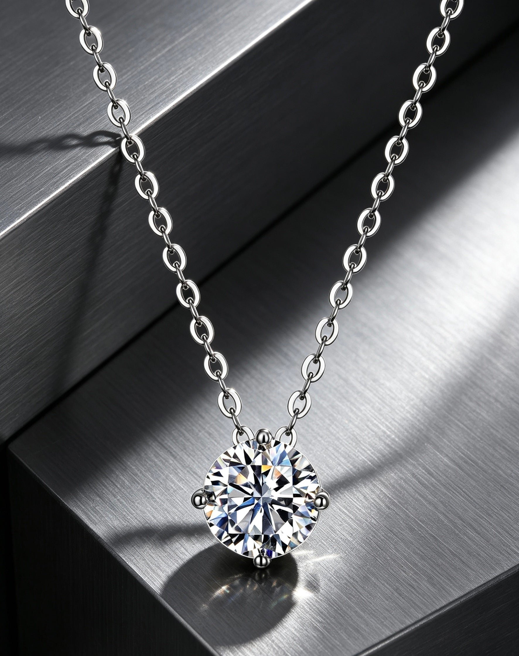 Luvymia Ariel moissanite pendant necklace in S925 silver with a classic four-prong crown setting on a delicate chain.