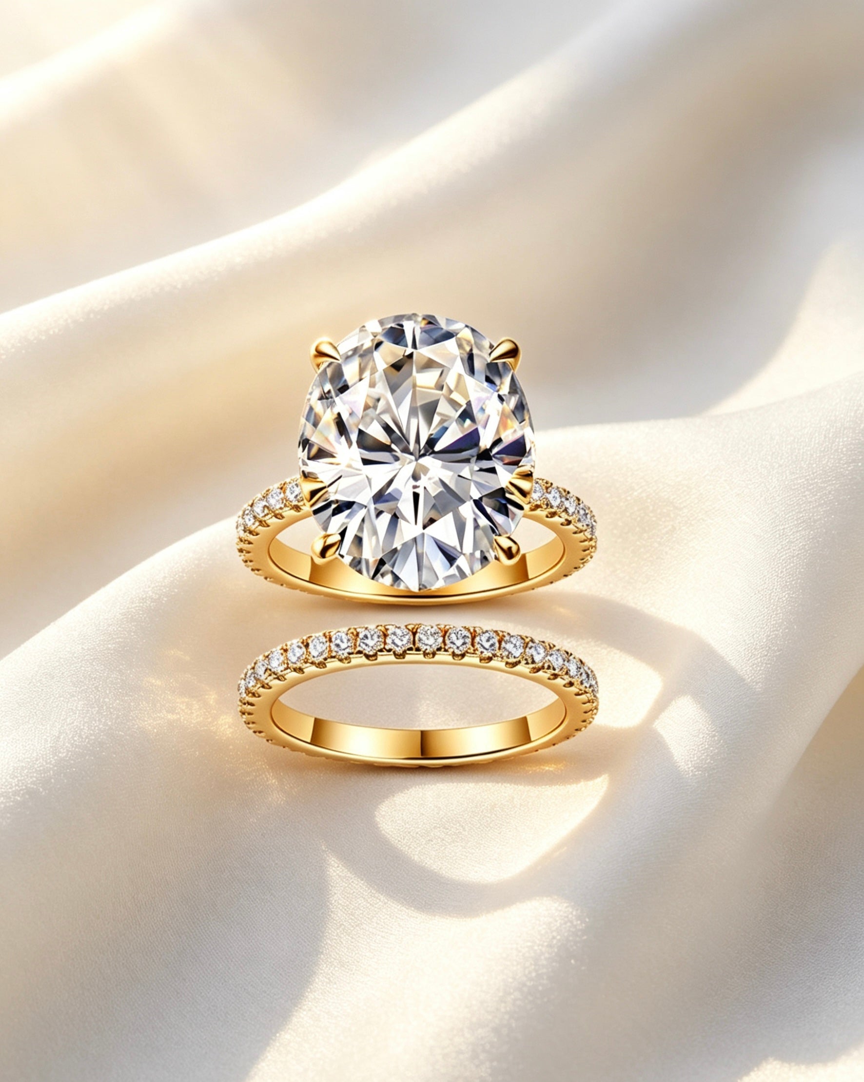 Gold oval moissanite bridal set with a large center stone and pavé eternity bands on white silk fabric.