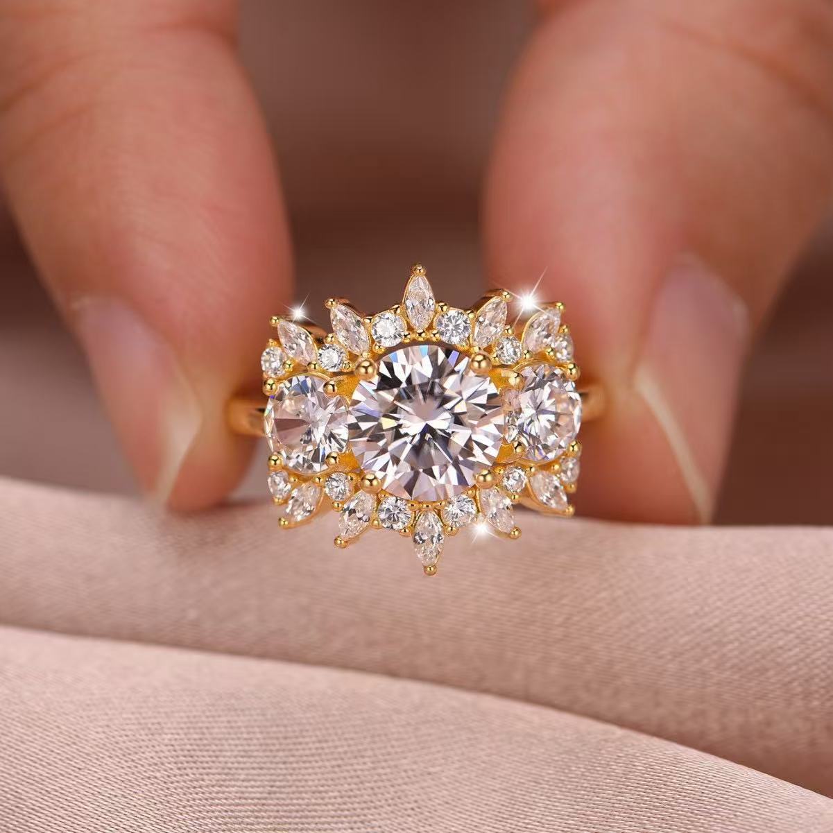 8mm round moissanite floral engagement ring with marquise petal accents in gold-plated sterling silver.