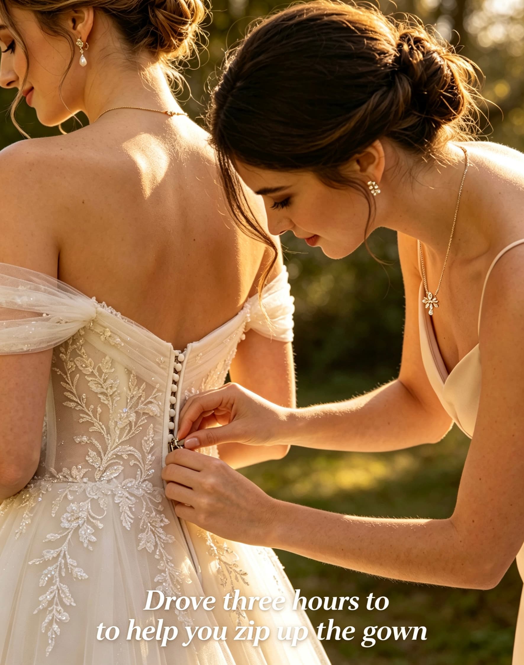 Bridesmaid wearing a sparkling D-color moissanite silver necklace, helping a bride zip up her detailed wedding gown.