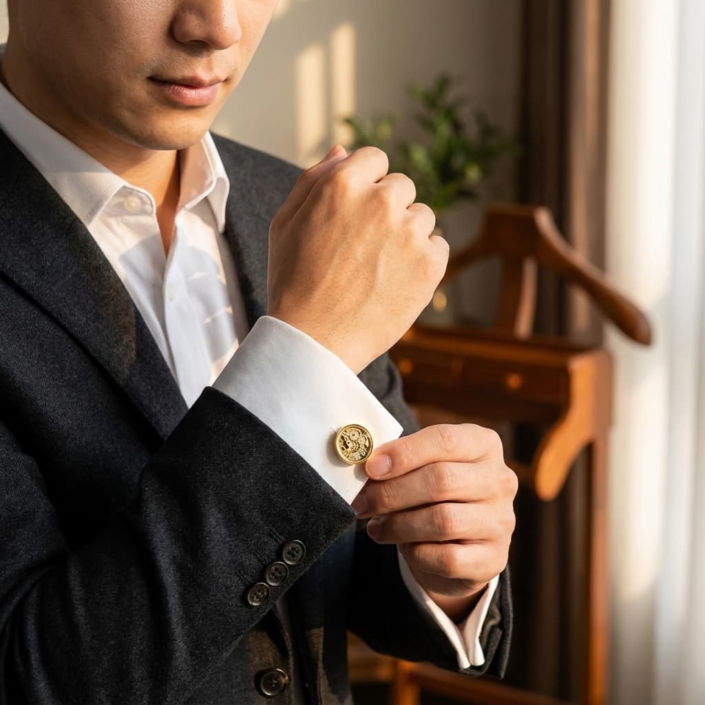 Man wearing a brass skeleton movement cufflink with visible gears and ruby bearings on a white dress shirt cuff.