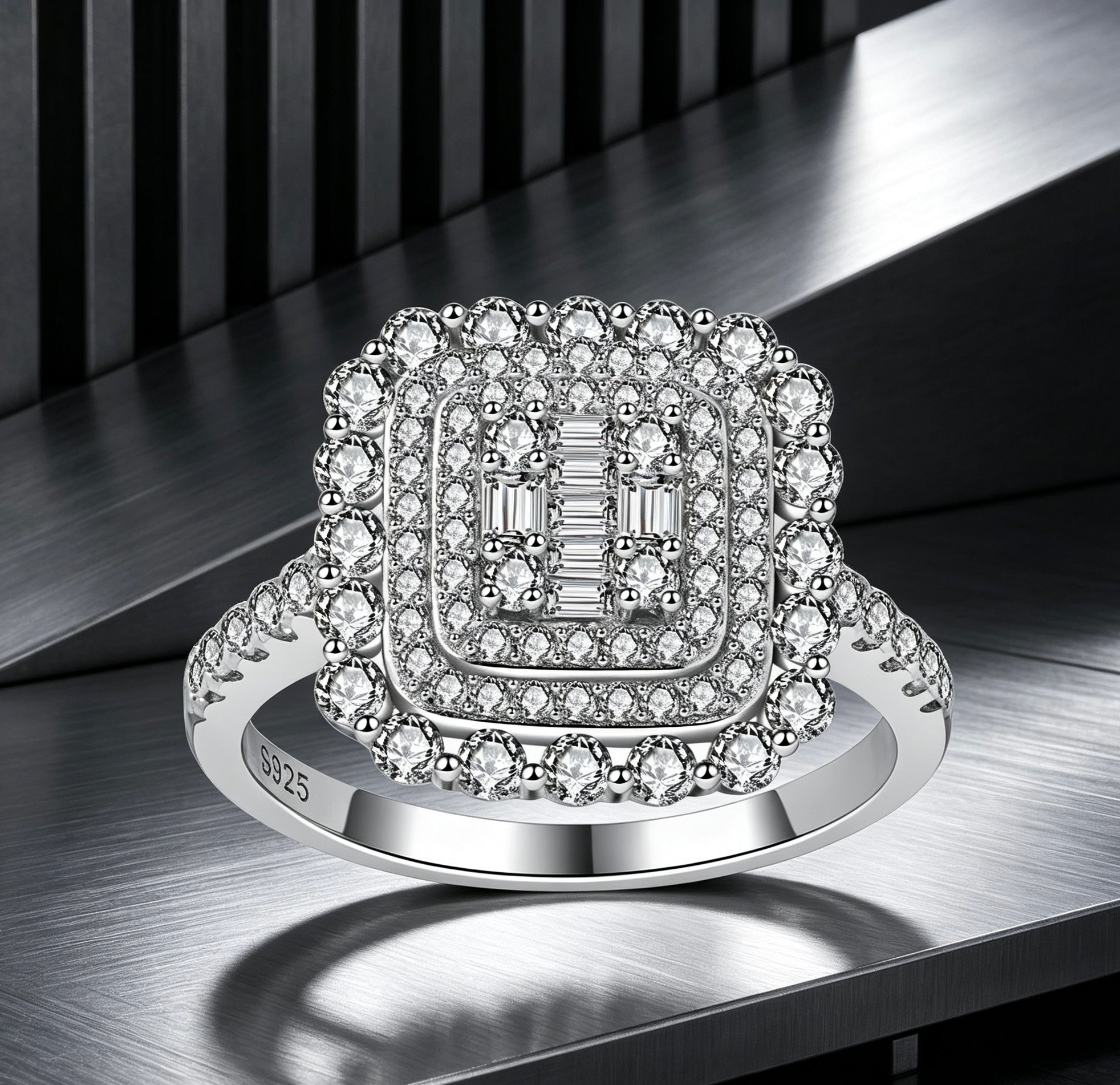 Square double halo moissanite ring in S925 silver featuring a baguette cluster center and pavé band.
